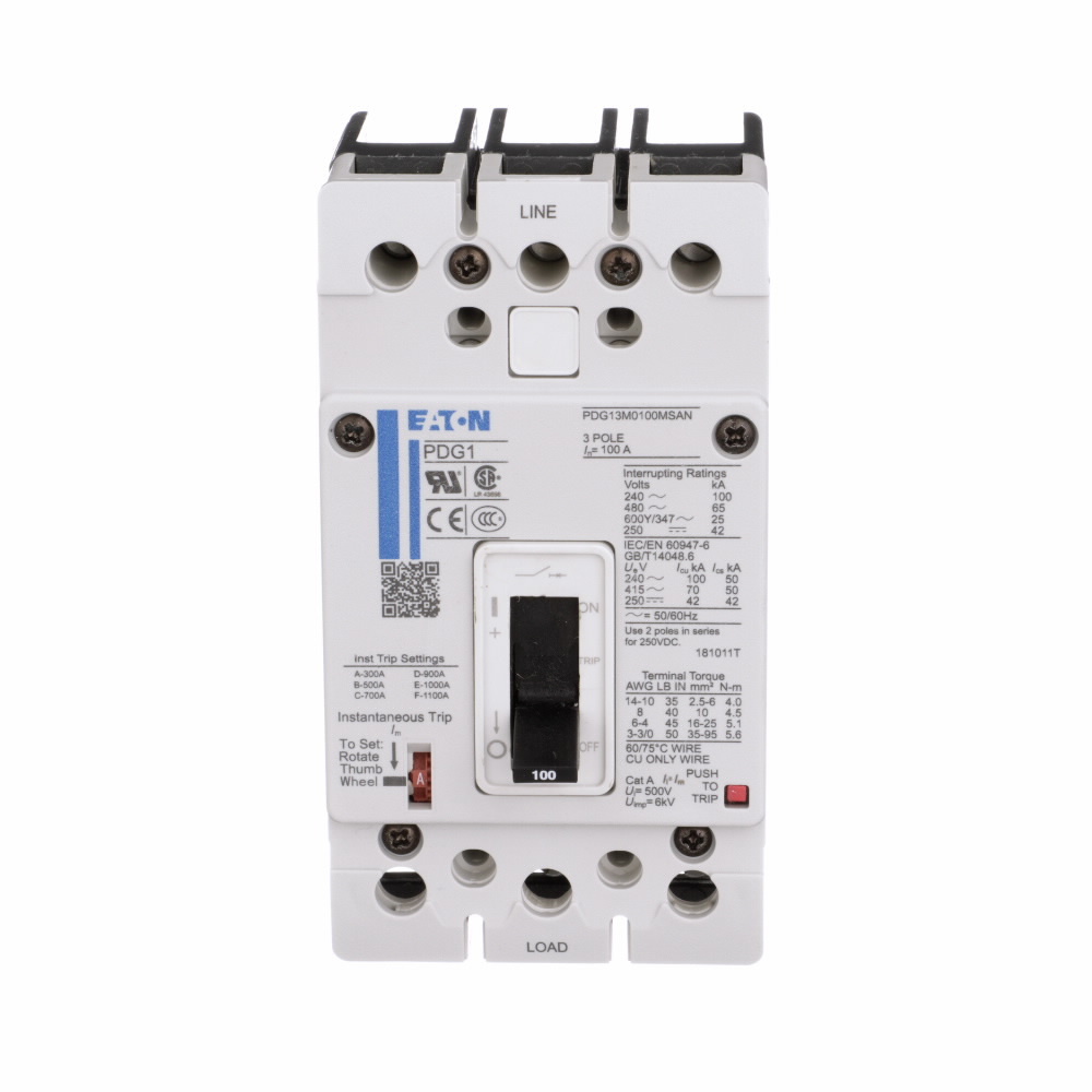 Eaton Power Defense motor circuit protector, Globally Rated, Frame 1 Motor Circuit Protector, Three Pole, 70A, 65kA/480V, Adjutable Intantaneous Standard Calibrations, Standard Line and Load
