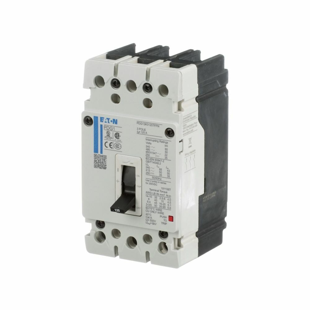 Eaton Power Defense molded case circuit breaker, Globally Rated, Frame 1, Three Pole, 25A, 35kA/480V, T-M (Fxd-Fxd) TU, Standard Line and Load (PDG1X3T125)