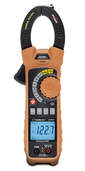 The MaintenancePRO 23070T clamp meter is a rugged high end AC/DC clamp meter for the serious electrician who needs both AC and DC current measurements. With a UL listed safety rating of CAT IV 600V / CAT III 1000V, this clamp meter is built to get the tough jobs done. Plus, added features like an easy to read 6,000 count backlit display and a built in non-contact AC voltage detector makes the 23070T the new standard residential, commercial, and maintenance AC/DC clamp meters.