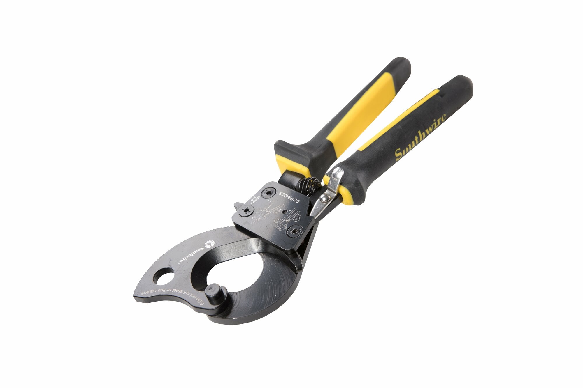 600 MCM ratcheting cable cutter with dual ratcheting mechanism allows for easy cutting of cables