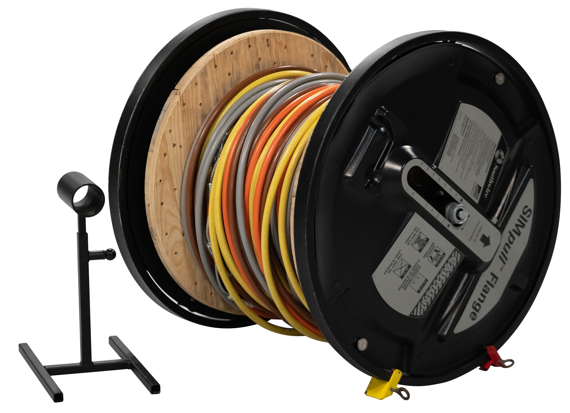 The SIMpull Flange's shaftless design allows one person to turn a wooden reel up to 34 in. and 2,000 lbs. into a time saving, field-installable solution that removes the need to handle heavy jack stands.
