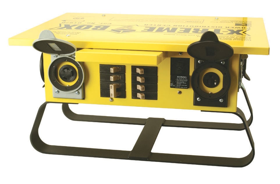 Traditional Single Phase Straight-Blade Temporary Power Distribution Box, 125/250V 50A 3P4W Input & Feed-Thru, 6 x 125V 20A 5-20 + 1 x 250V 30A L6-30 Receptacles