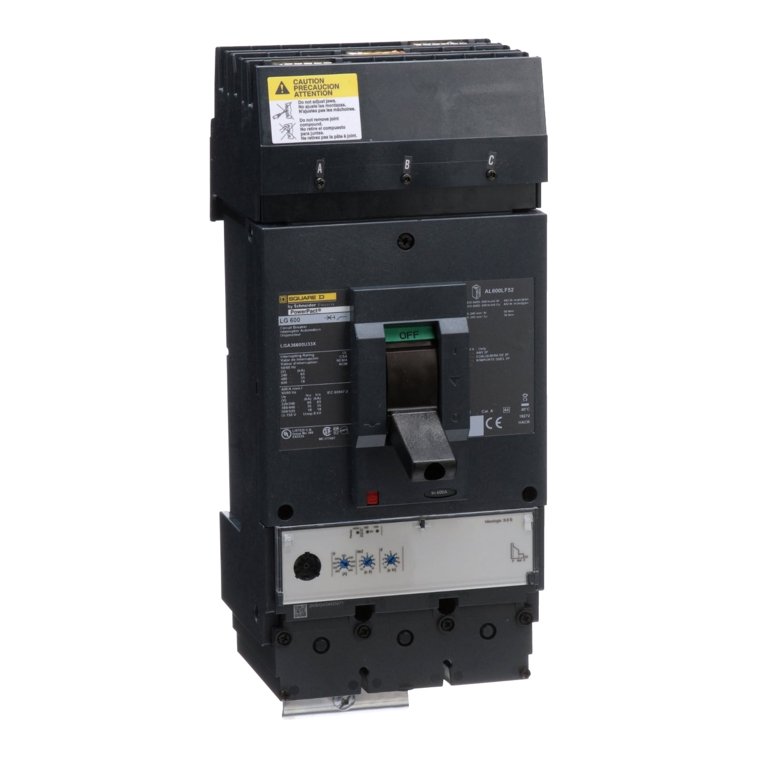 Circuit breaker, PowerPacT L, 600A, 3 pole, 600VAC, 18kA, I-Line, MicroLogic 3.3S, 80%, ABC