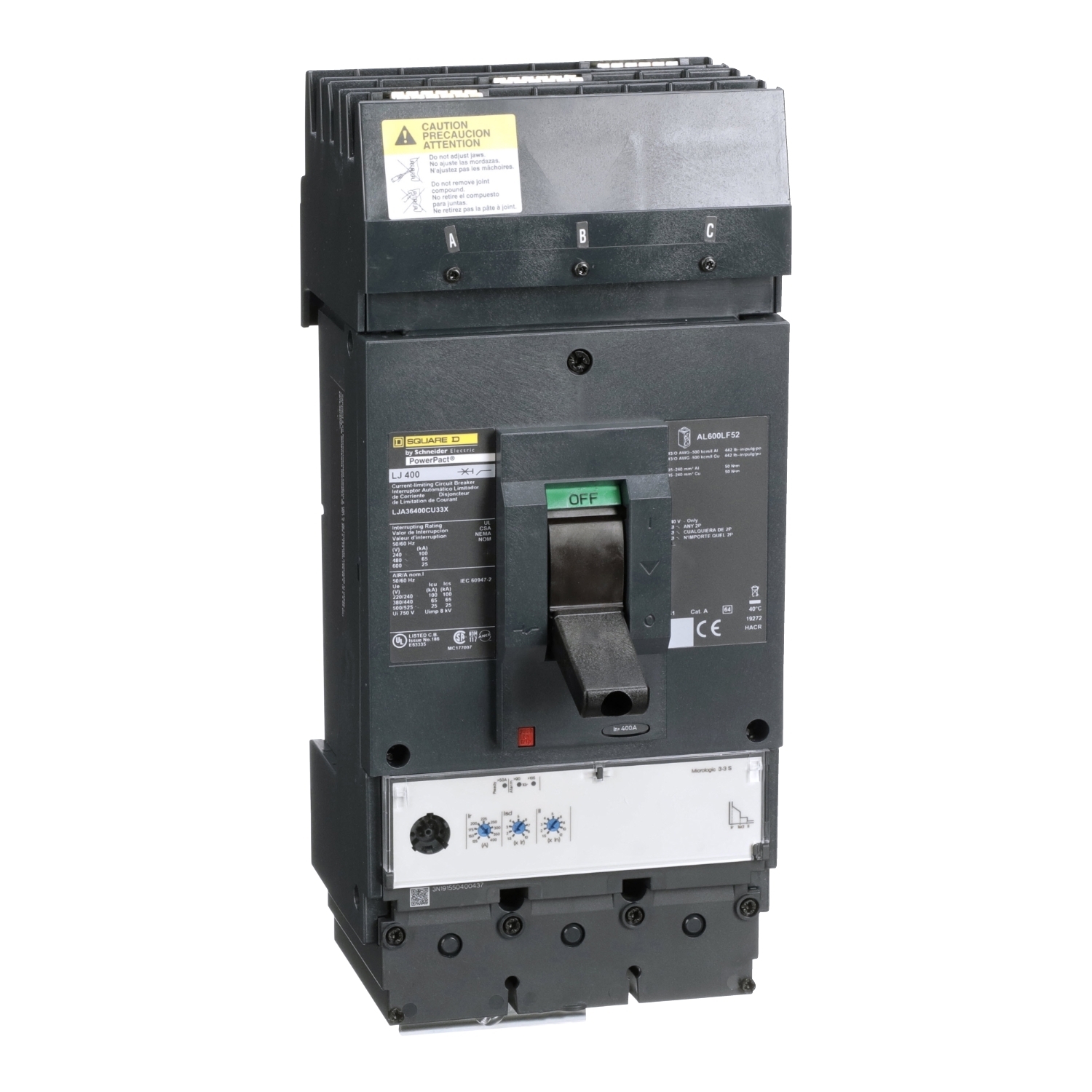 Circuit breaker, PowerPacT L, 400A, 3 pole, 600VAC, 25kA, I-Line, MicroLogic 3.3S, 100%, ABC