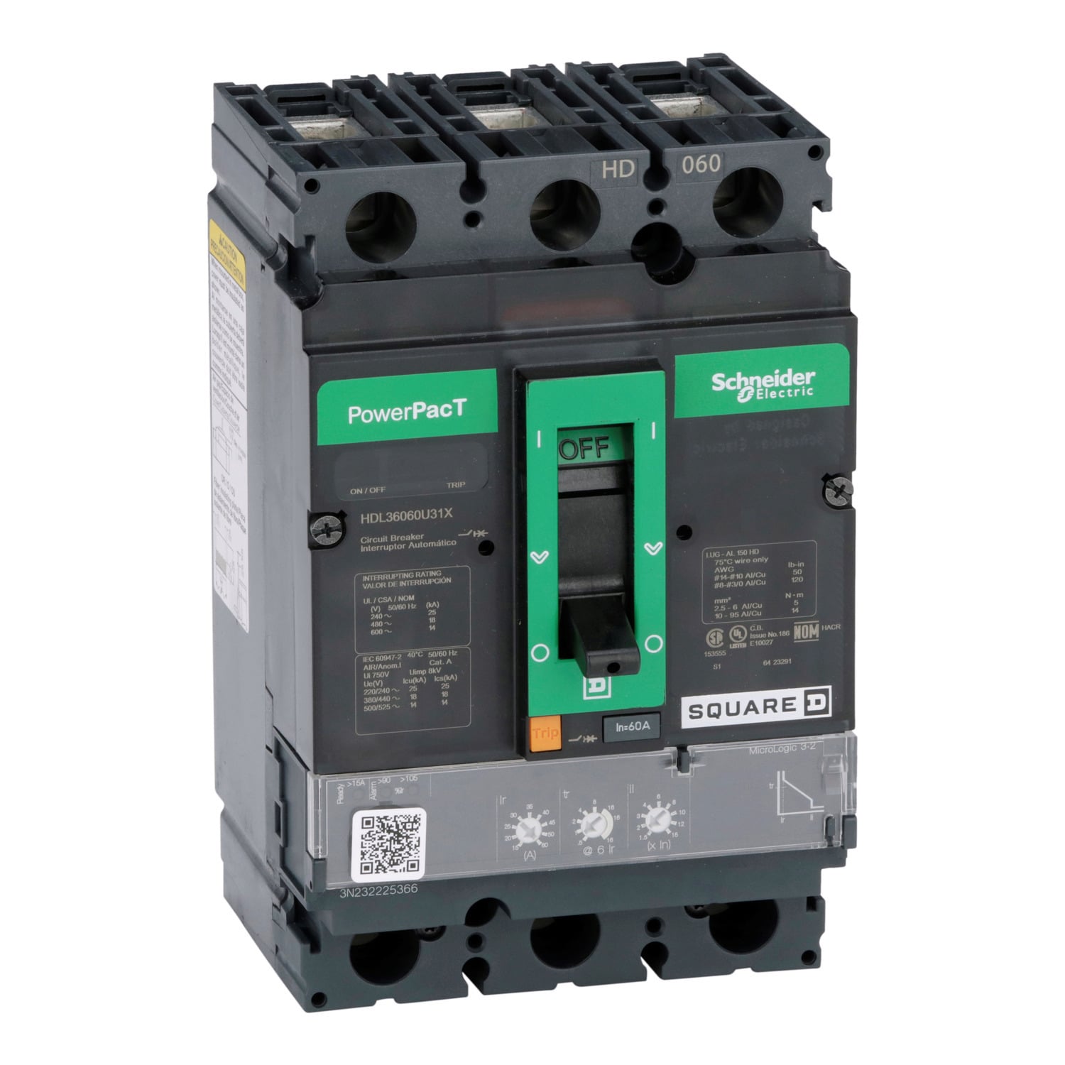 HDL36060U31X Molded Case Circuit Breaker, 60 Amp, 3 Pole, 600V