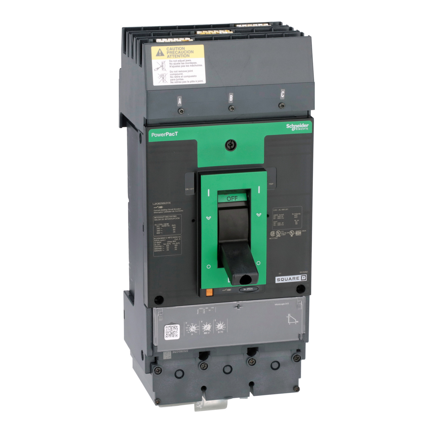 Circuit breaker, PowerPacT L, 250A, 3 pole, 600VAC, 25kA, I-Line, MicroLogic 3.3, 80%, ABC