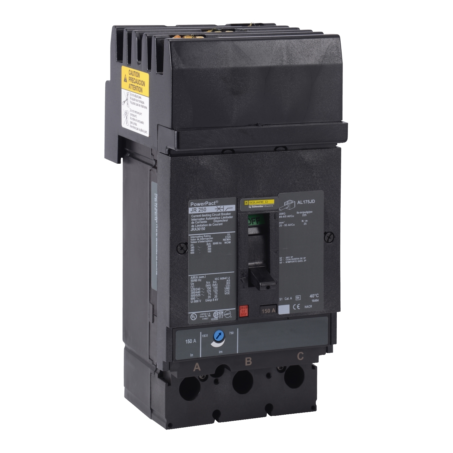 Circuit breaker, PowerPacT J, 250A, 3 pole, 600VAC, 100kA, I-Line, thermal magnetic, 80%, ABC