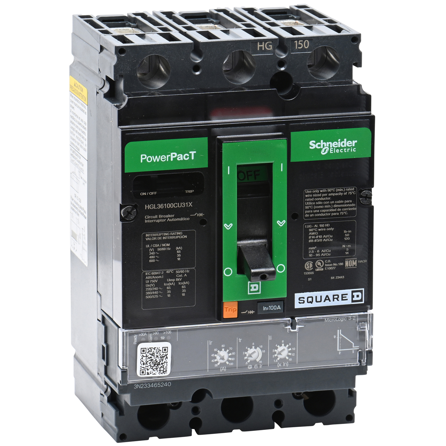 HGL36100CU31X Molded Case Circuit Breaker, 100 Amp, 3 Pole, 600V