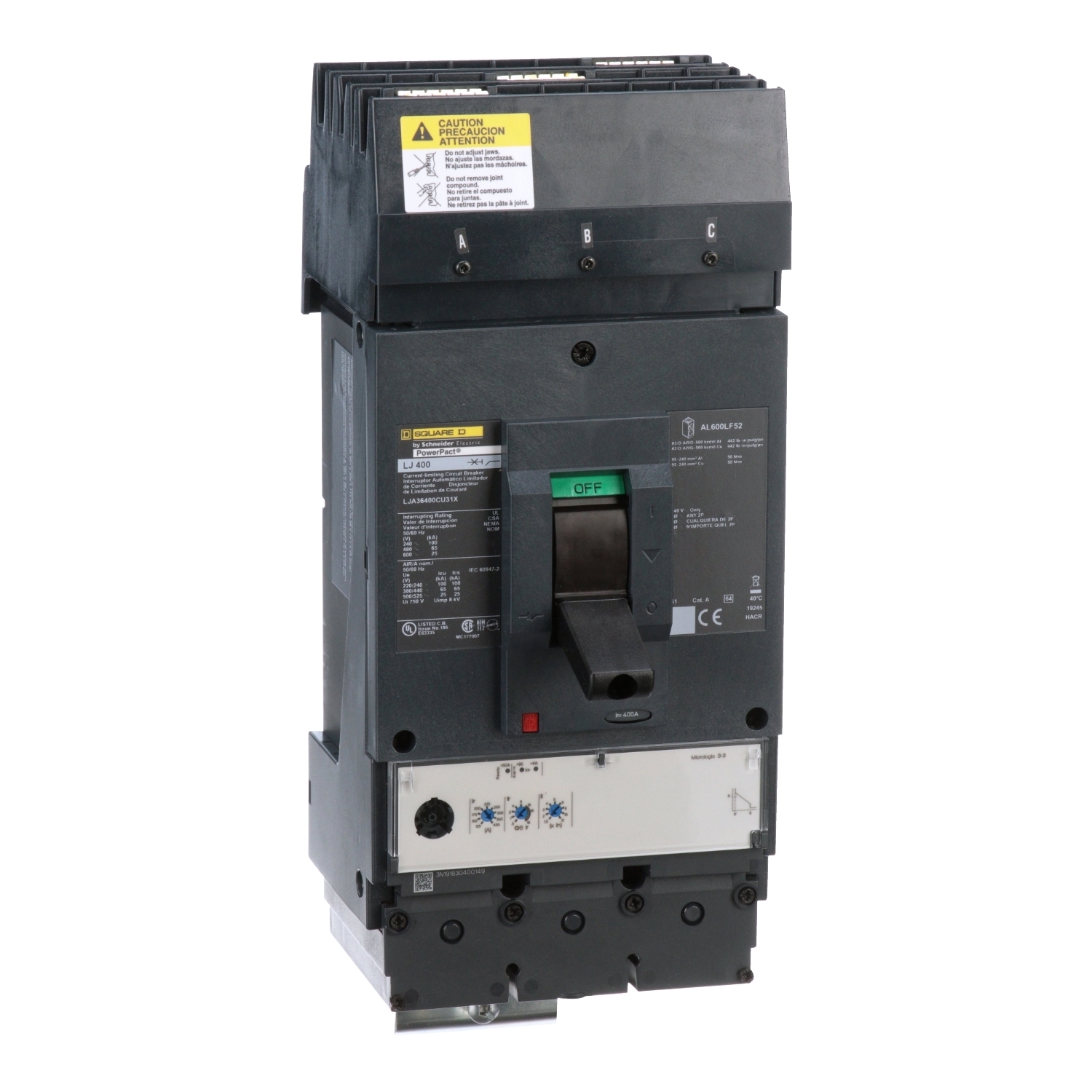 Circuit breaker, PowerPacT L, 400A, 3 pole, 600VAC, 25kA, I-Line, MicroLogic 3.3, 100%, ABC