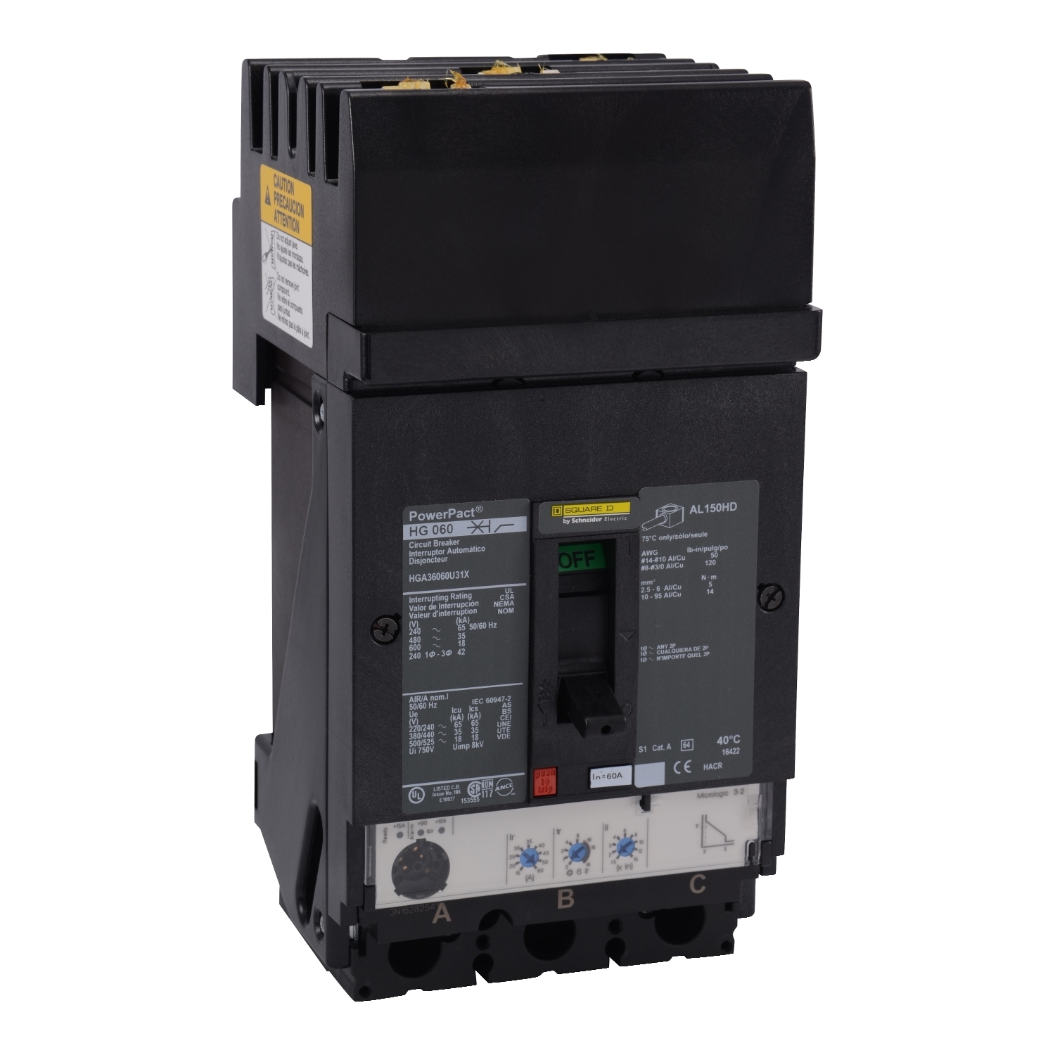 HGA36060U31X Molded Case Circuit Breaker, 60 Amp, 3 Pole, 600V
