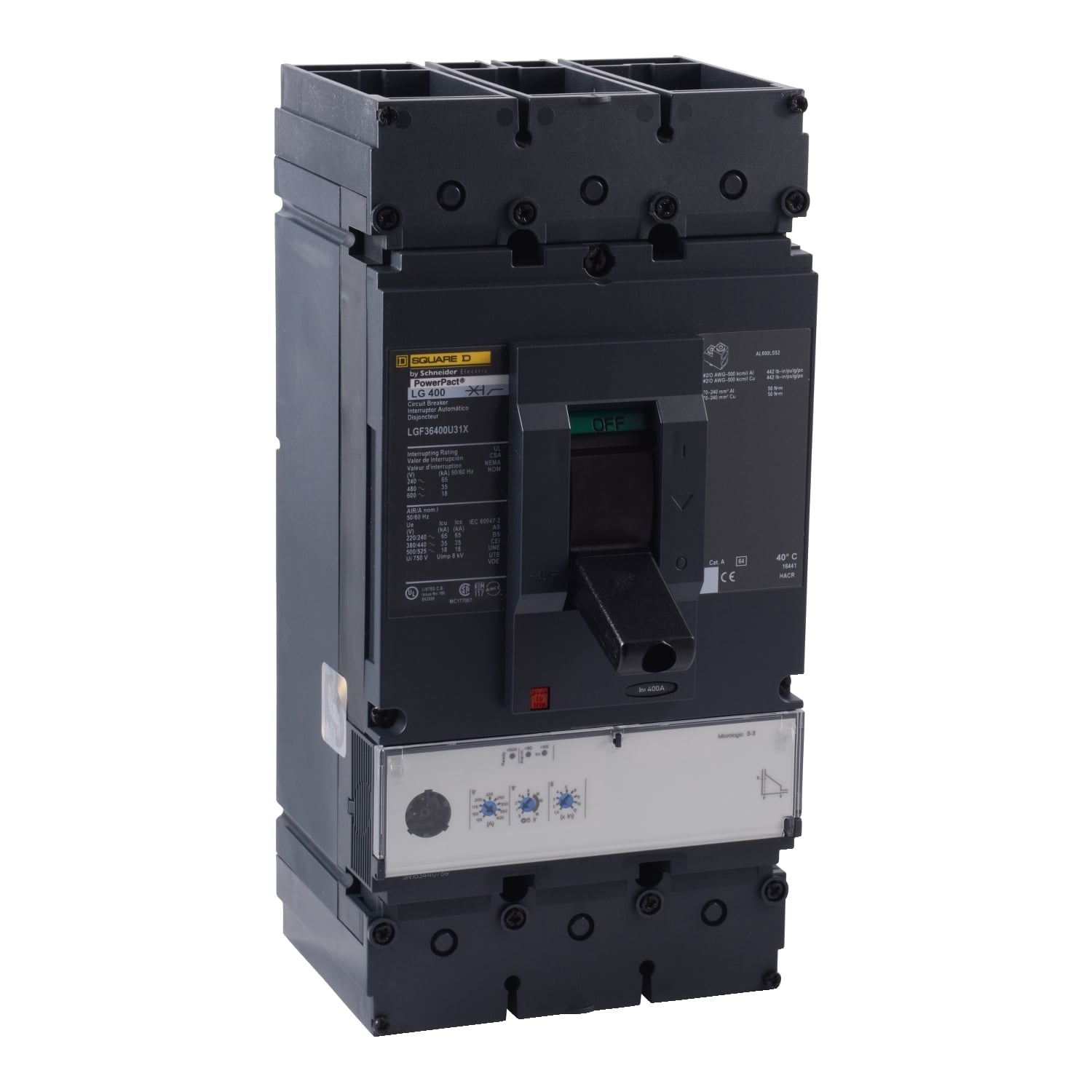 Circuit breaker, PowerPacT L, 600A, 3 pole, 600VAC, 18kA, busbar, MicroLogic 3.3, 80%