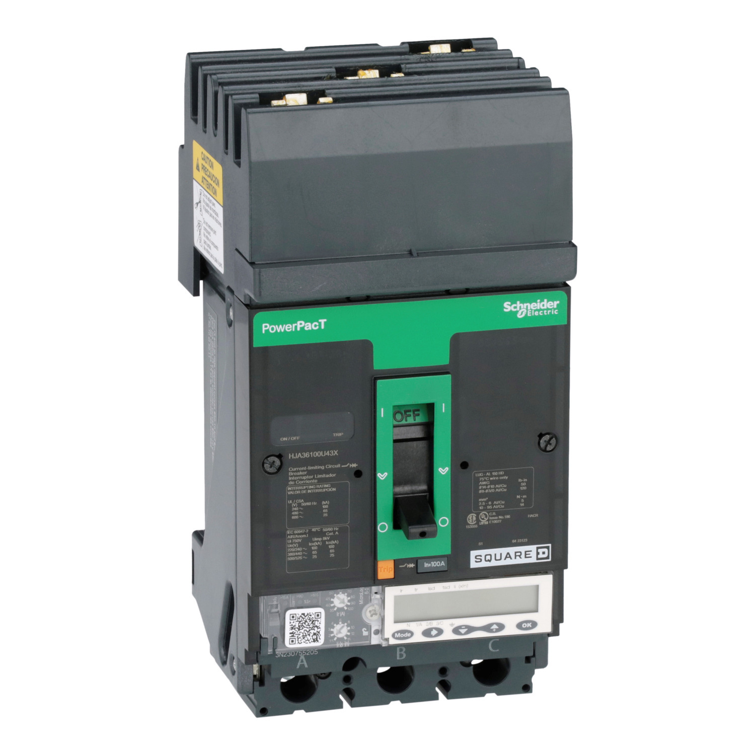 Circuit breaker, PowerPacT H, 100A, 3 pole, 600VAC, 25kA, I-Line, Micrologic 5.2A, 80%, ABC