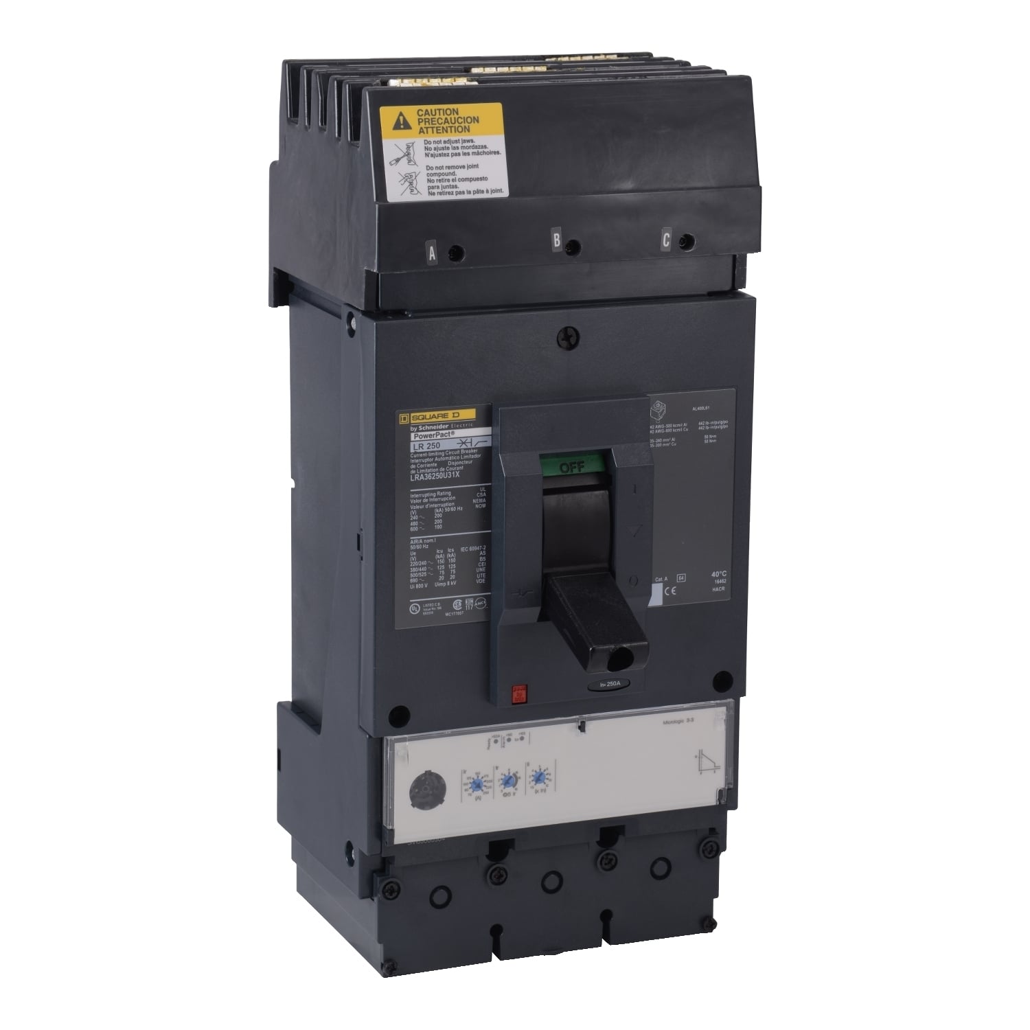 Circuit breaker, PowerPacT L, 400A, 3 pole, 600VAC, 100kA, I-Line, MicroLogic 3.3, 80%, ABC