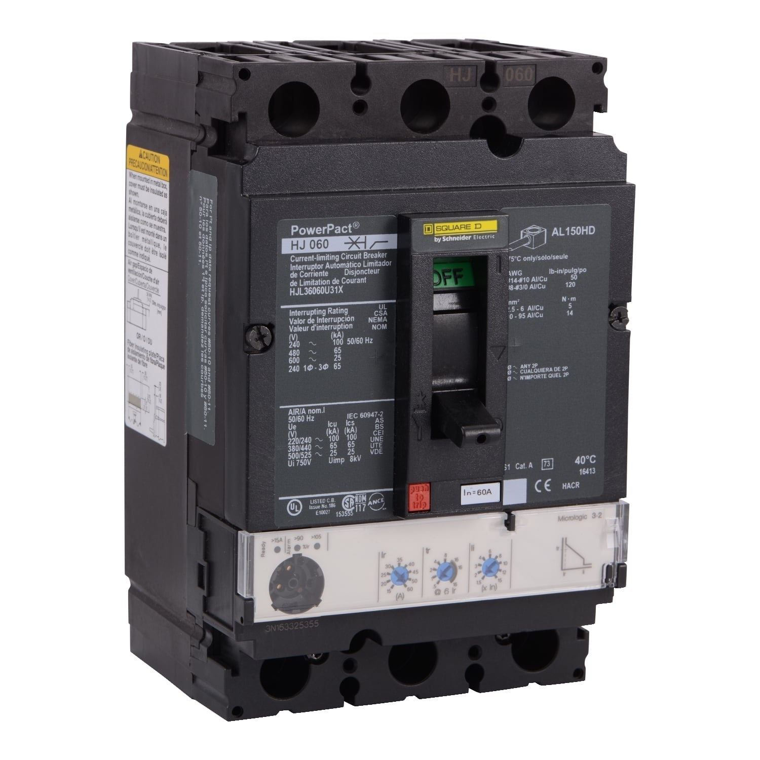 HJL36060U31X Molded Case Circuit Breaker, 60 Amp, 3 Pole, 600V