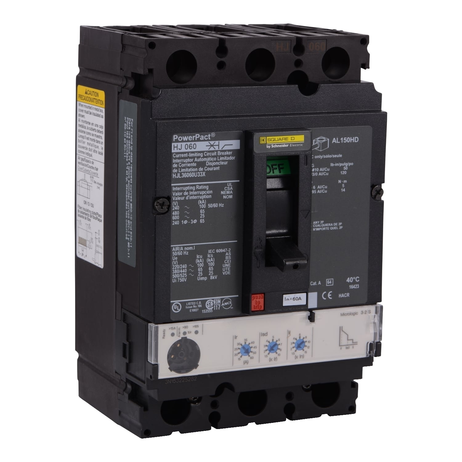 Circuit breaker, PowerPacT H, 60A, 3 pole, 600VAC, 25kA, lugs, Micrologic 3.2S, 80%