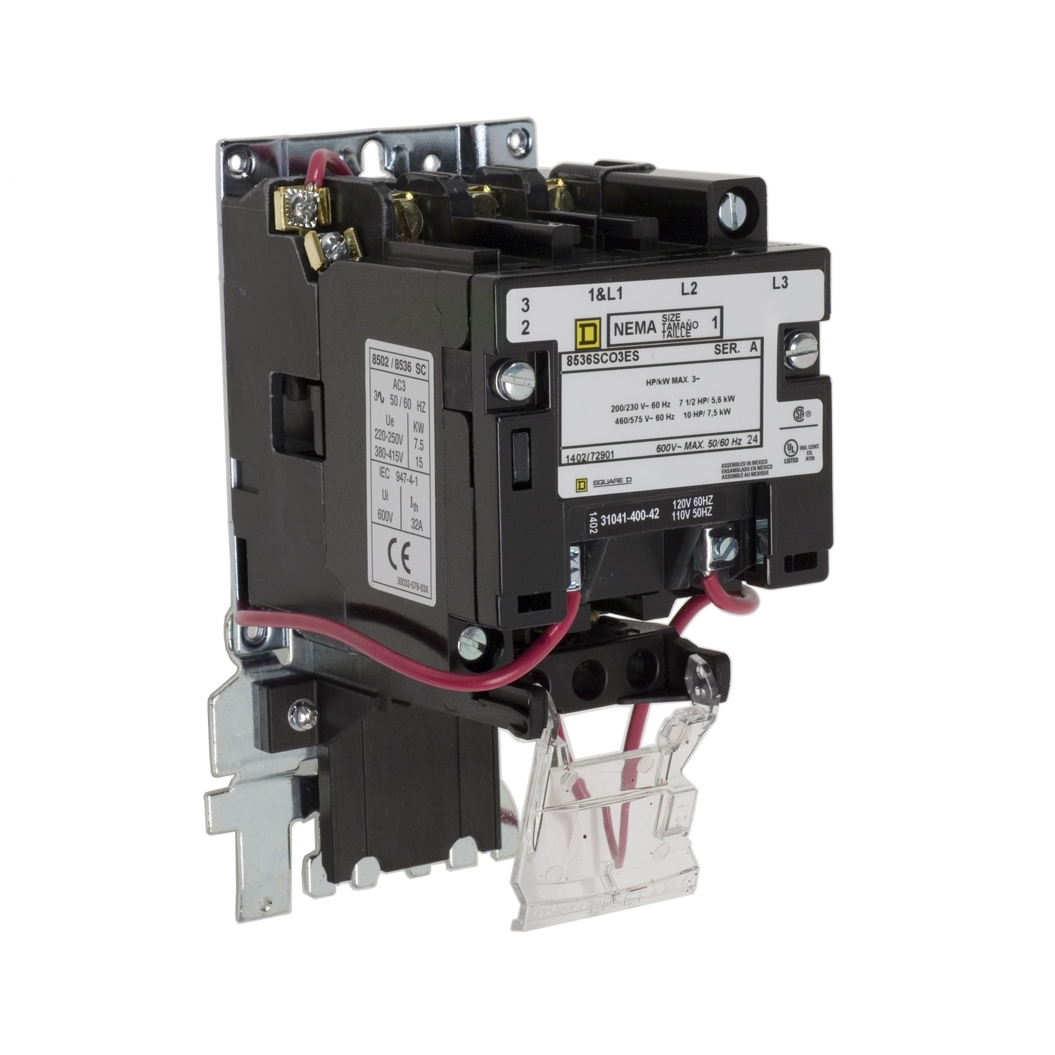 NEMA Motor Starter, Type S, nonreversing, Size 1, 27A, 10 HP at 460 VAC, up to 65 kA SCCR, 3 phase, 3 pole, bimetal, 120 VAC coil, open [TAA]