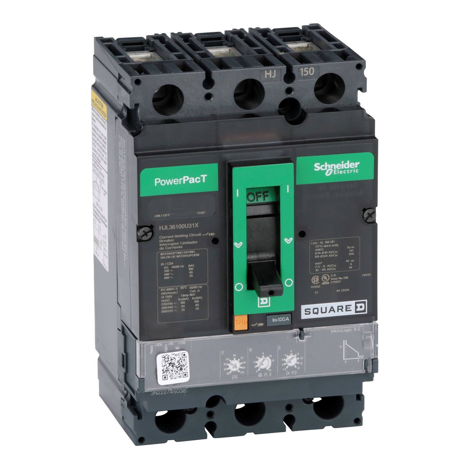 HJL36100U31X Molded Case Circuit Breaker, 100 Amp, 3 Pole, 600V