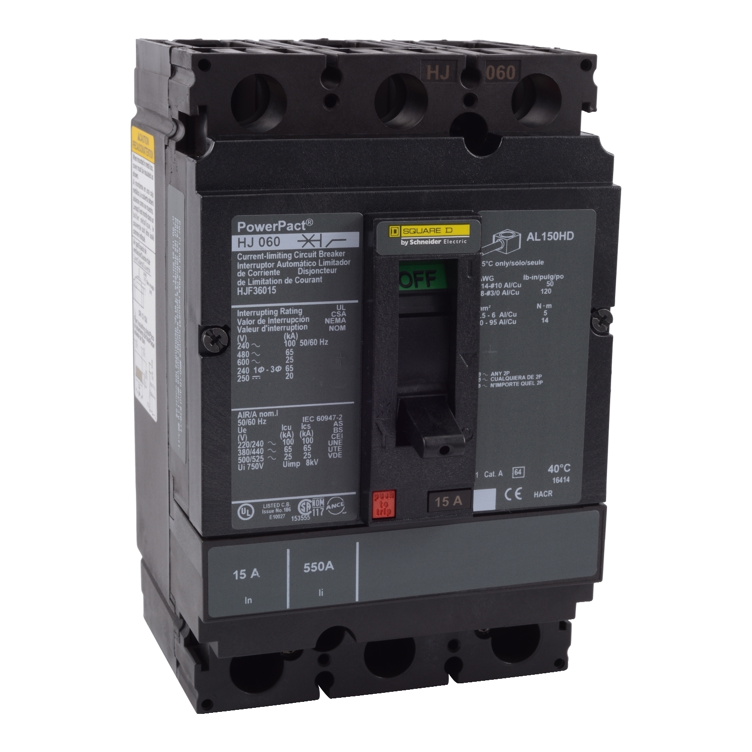 Circuit breaker, PowerPacT H, 20A, 3 pole, 600VAC, 25kA, busbar, thermal magnetic, 80%