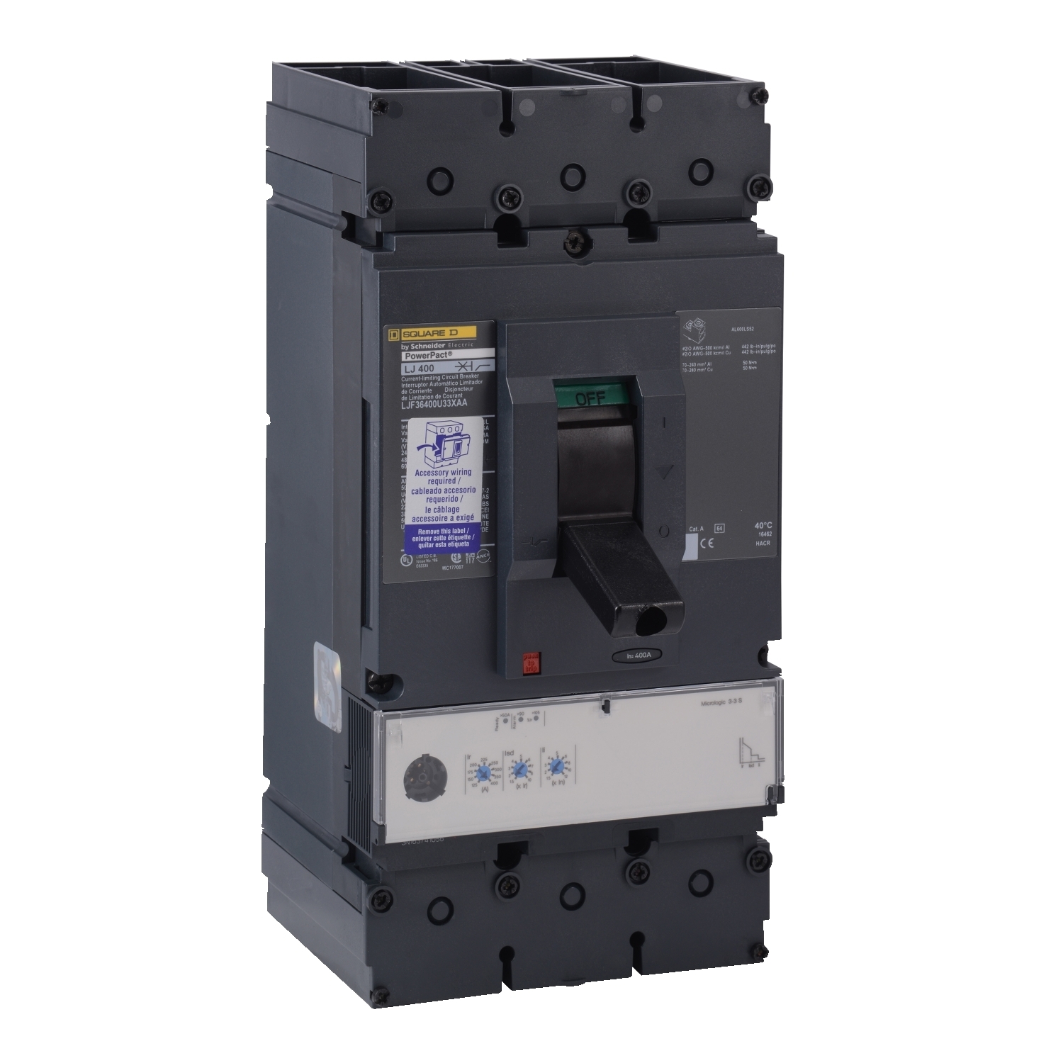 Circuit breaker, PowerPacT L, 400A, 3 pole, 600VAC, 18kA, busbar, Micrologic 3.3S, 100%