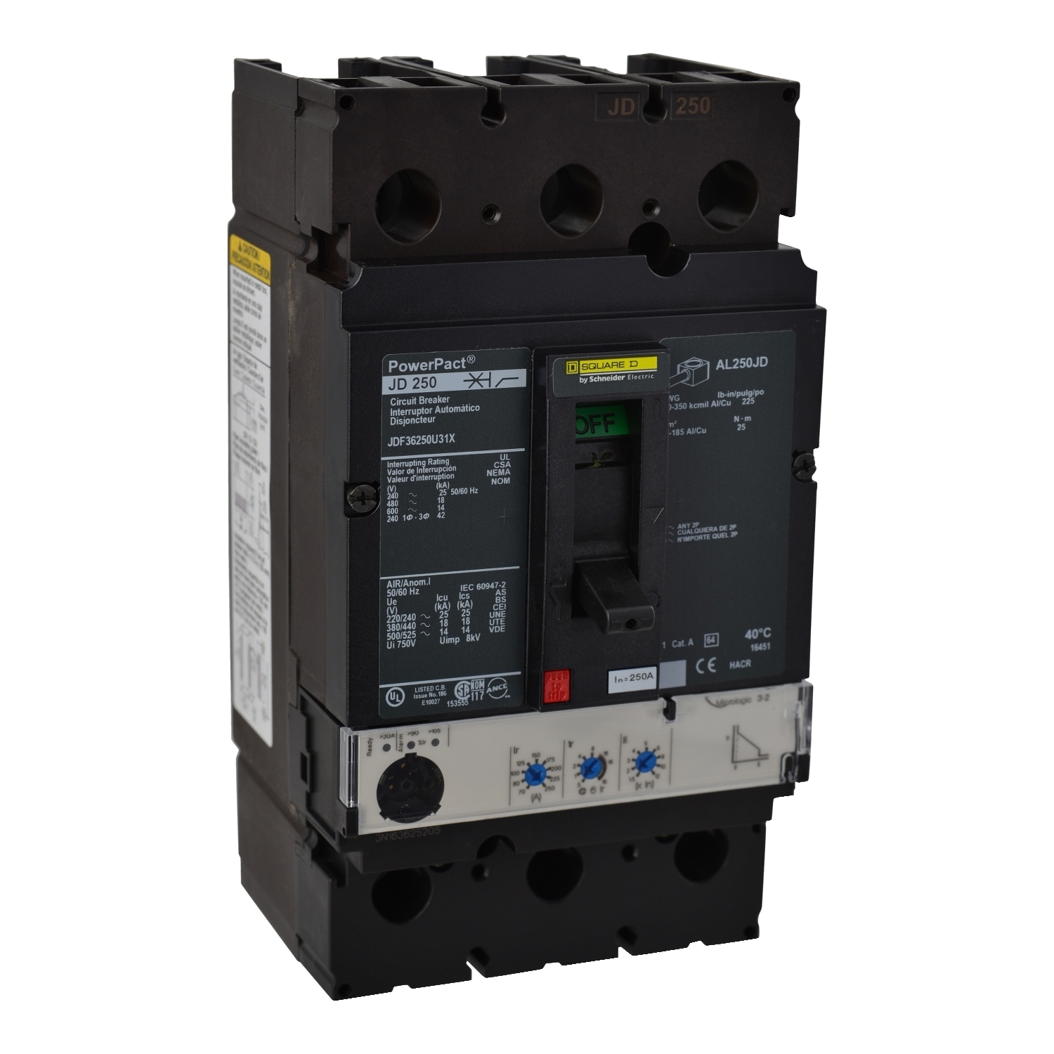 Circuit breaker, PowerPacT J, 250A, 3 pole, 600VAC, 14kA, busbar, Micrologic 3.2, 80%
