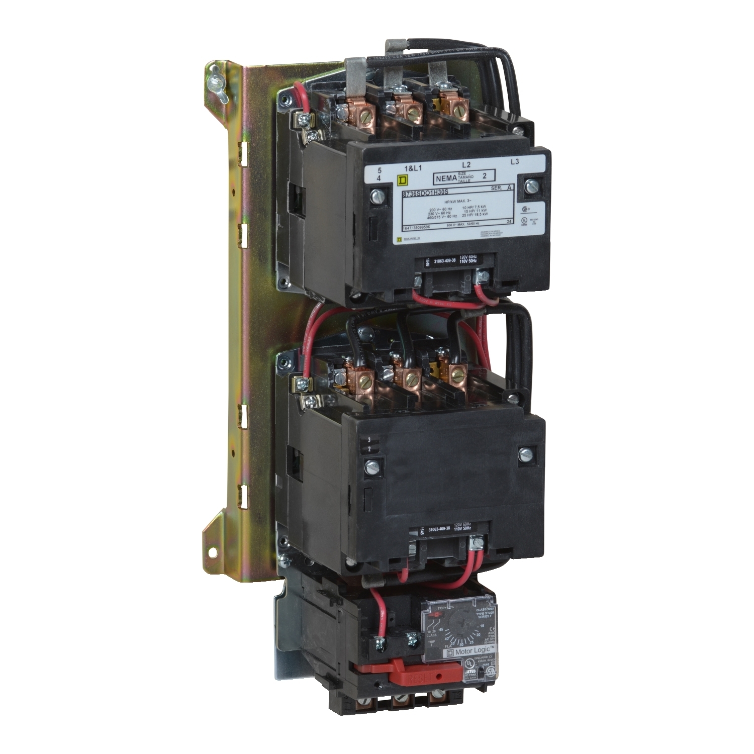NEMA Starter, Type S, reversing, vertical, Size 2, 45A, 25 HP at 575 VAC, up to 100 kA SCCR, 3 phase, 3 pole, Motor Logic SSOLR, 120 VAC coil, open [TAA]
