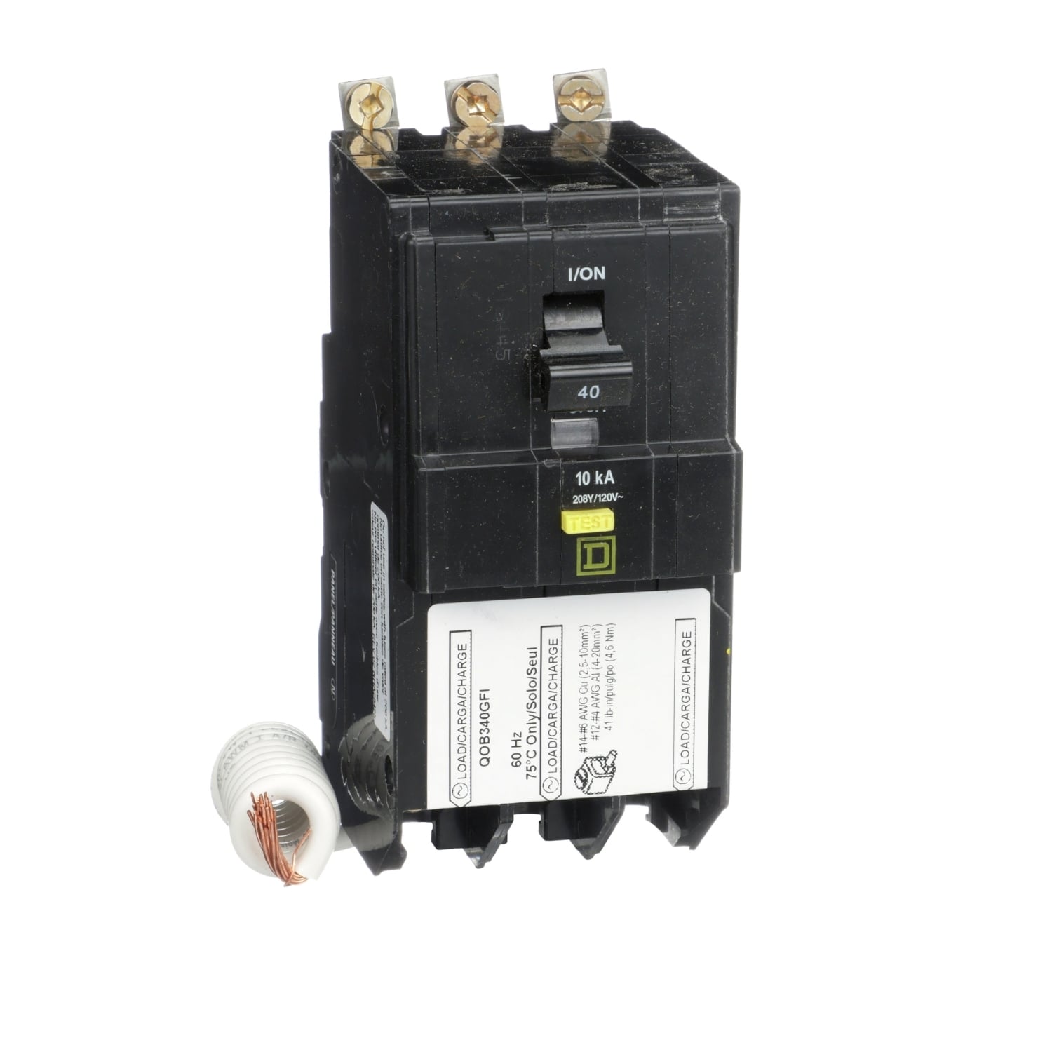 Mini circuit breaker, QO, 40A, 3 pole, 208Y/120VAC, 10kA, bolt on, 6mA grd fault A, pigtail [TAA]