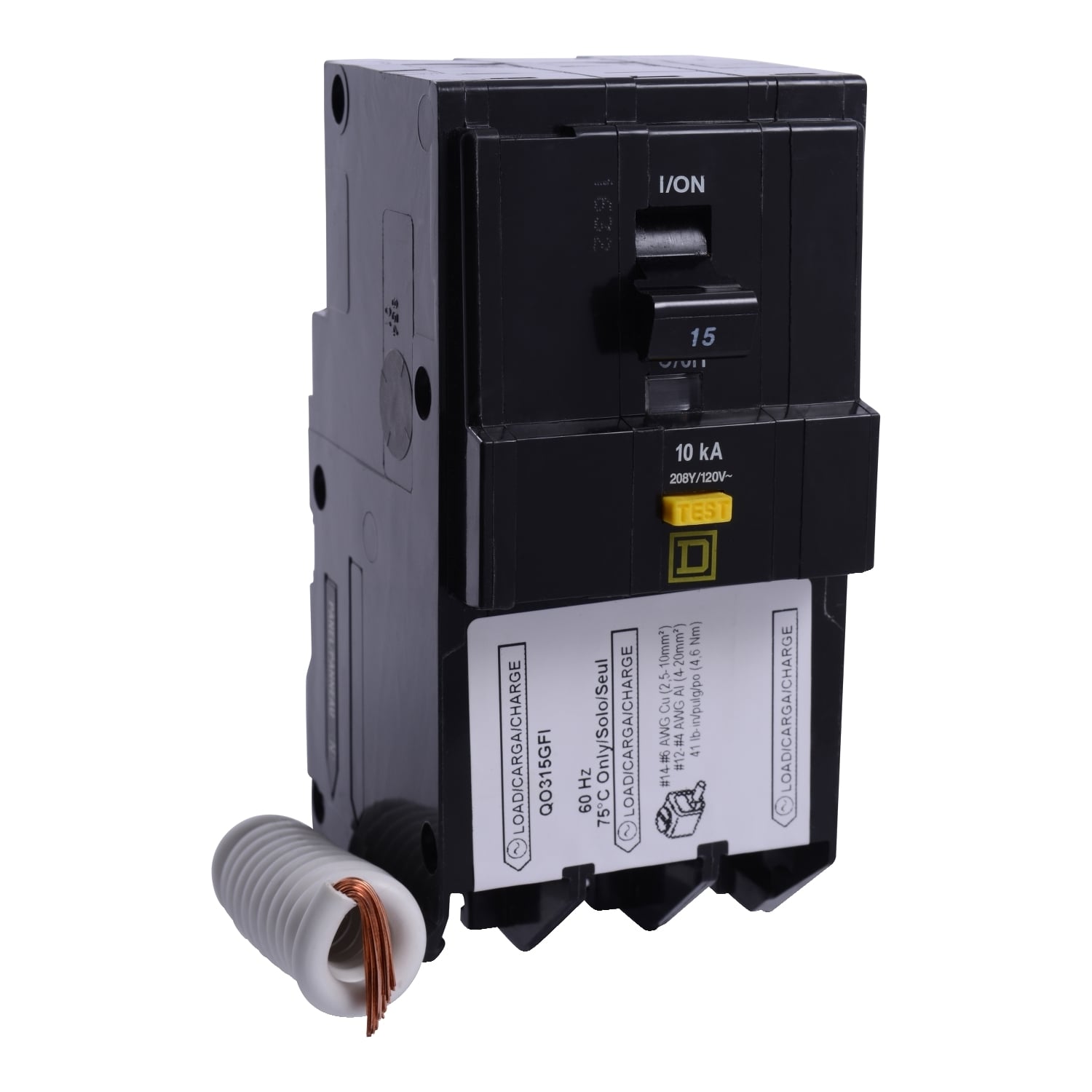 Mini circuit breaker, QO, 15A, 3 pole, 208Y/120VAC, 10kA, plug in, 6mA grd fault A, pigtail [TAA]