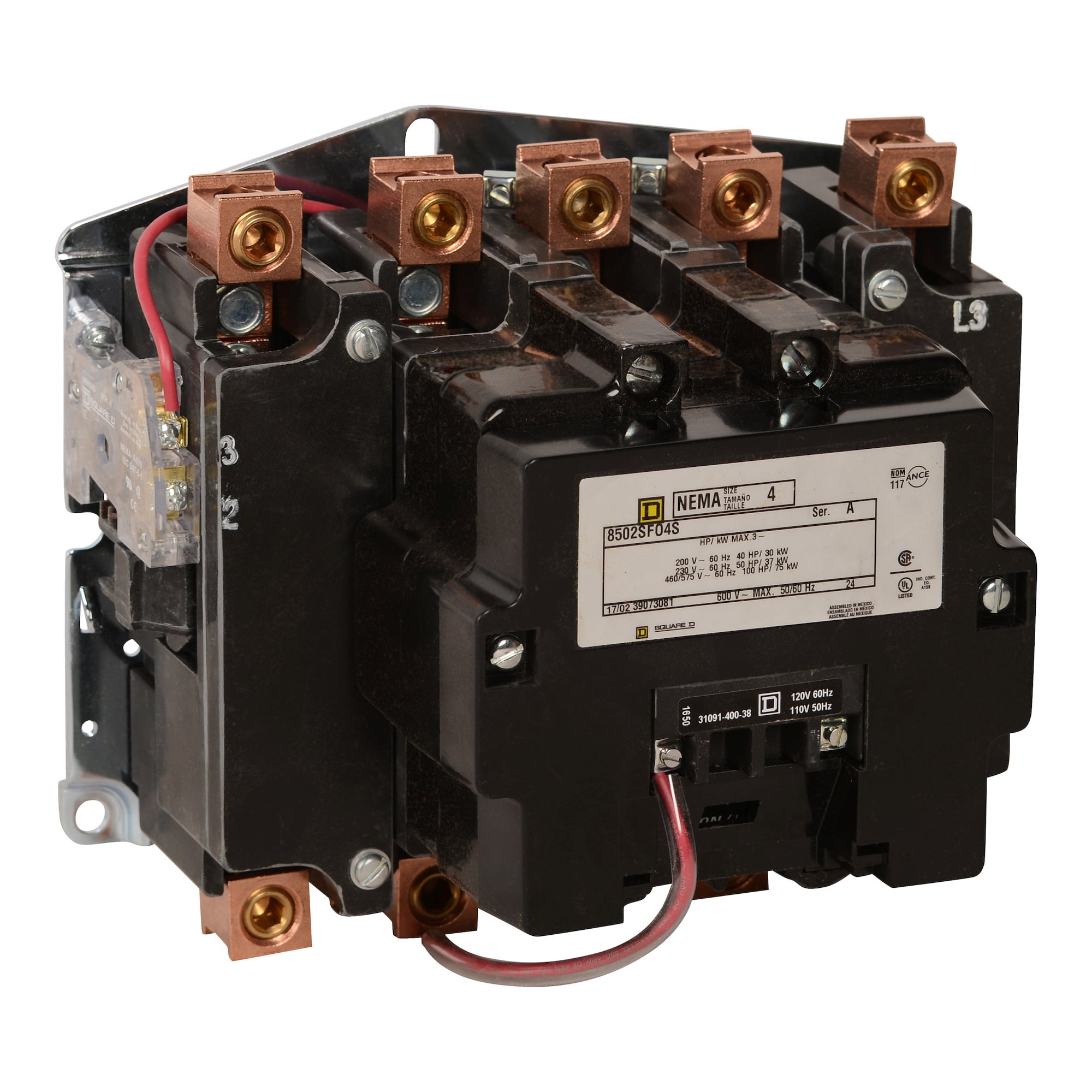 NEMA Contactor, Type S, nonreversing, Size 4, 135A, 100 HP at 575 VAC, 3 phase, up to 100 kA, 5 pole, 120 VAC coil, open