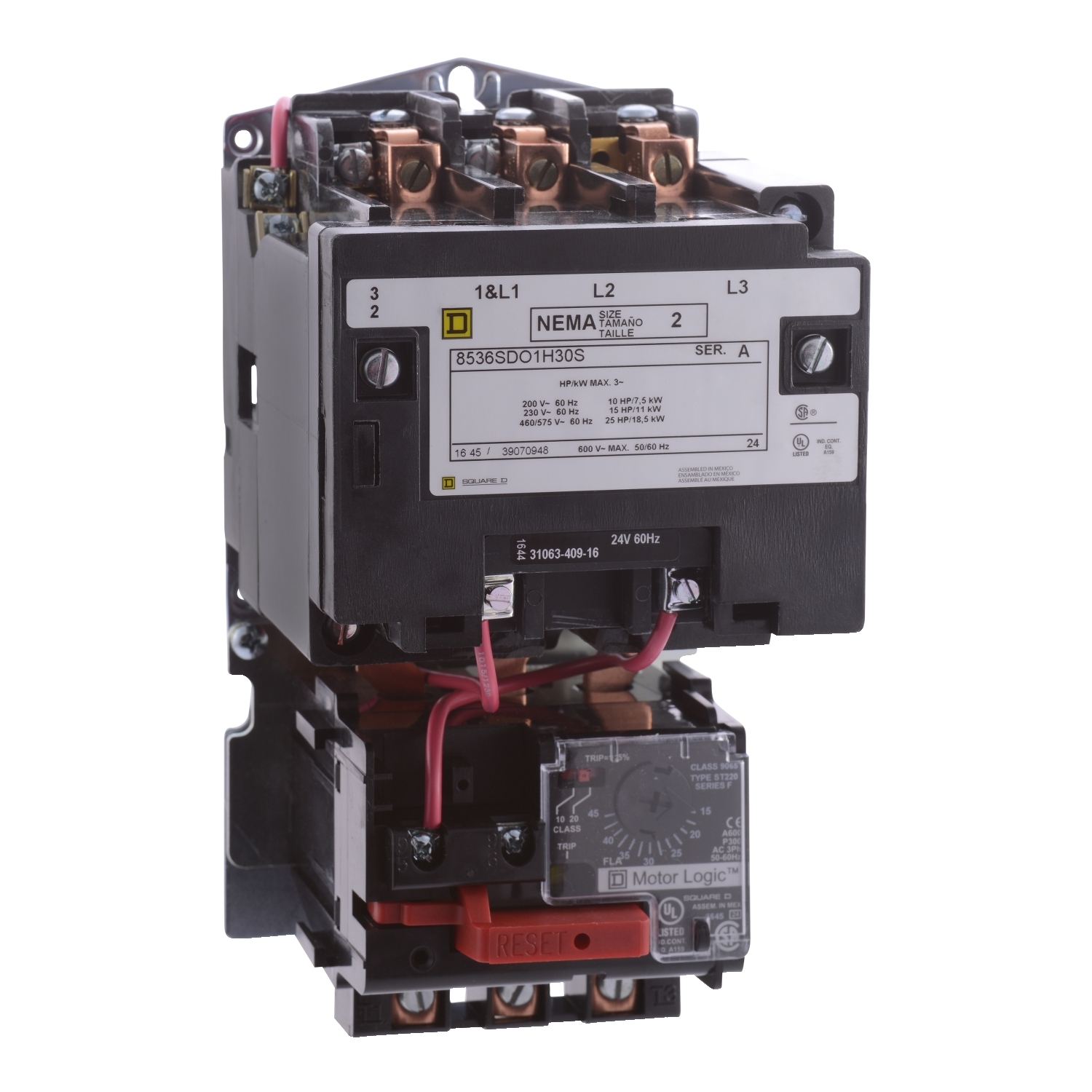 NEMA Motor Starter, Type S, nonreversing, Size 2, 45A, 25 HP at 460 VAC, up to 100 kA SCCR, 3 phase, 3 pole, Motor Logic, 208 VAC coil, open [TAA]