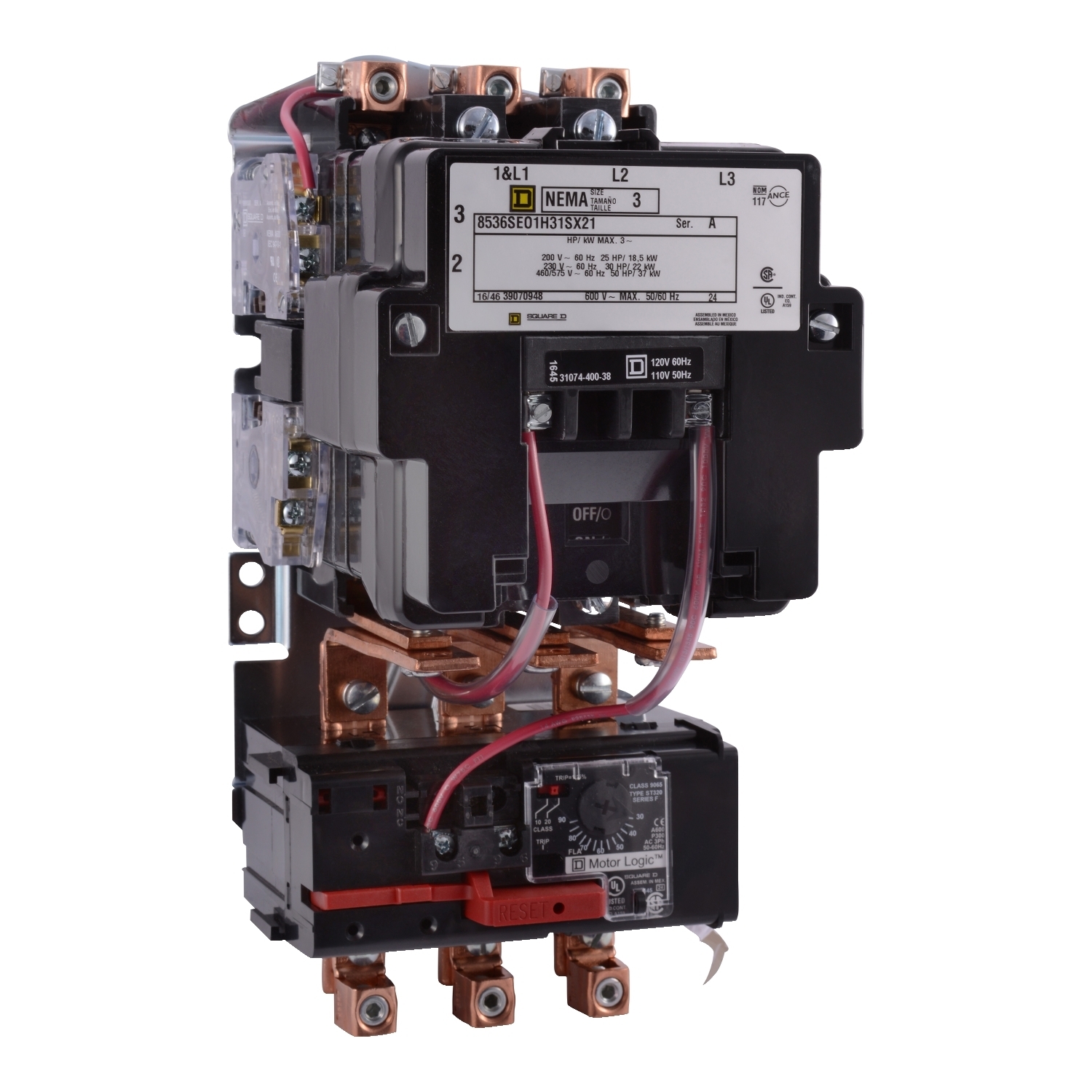 NEMA motor starter, Type S, nonreversing, Size 3, 90A, 50HP at 460VAC, up to 100kA SCCR, 3 phase, 3 pole, Motor Logic, 120VAC coil, open
