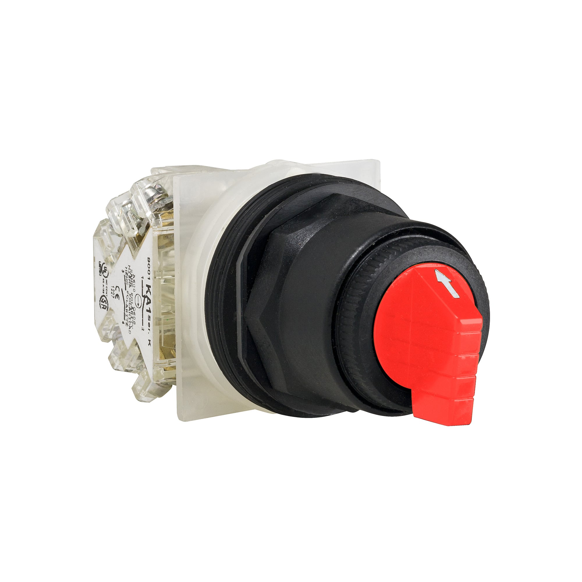 Illuminated selector switch, Harmony 9001SK, plastic, standard handle, red, 30mm, 3 positions, stay put, 110-120V, 2 C/O