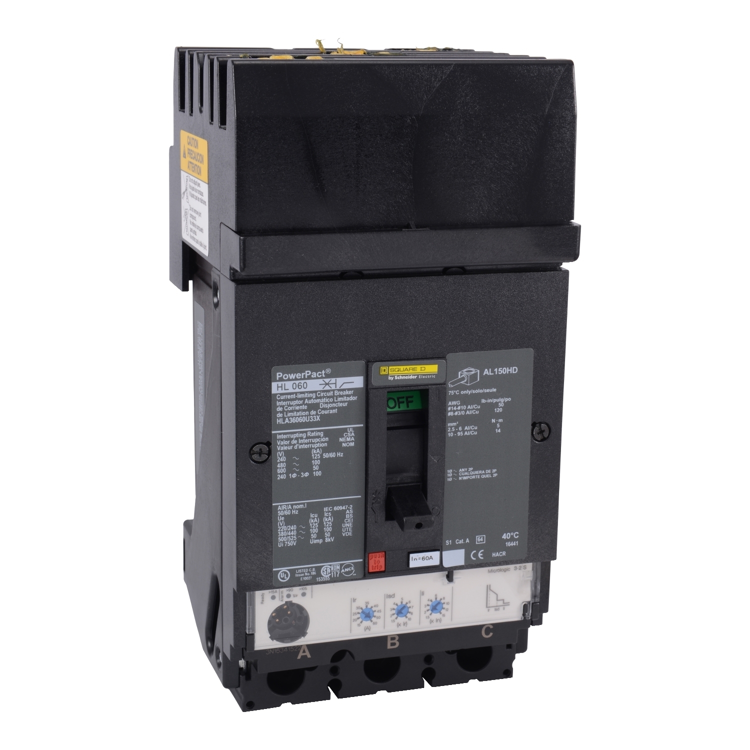 Circuit breaker, PowerPacT H, 60A, 3 pole, 600VAC, 14kA, I-Line, Micrologic 6.2A, 80%, ABC