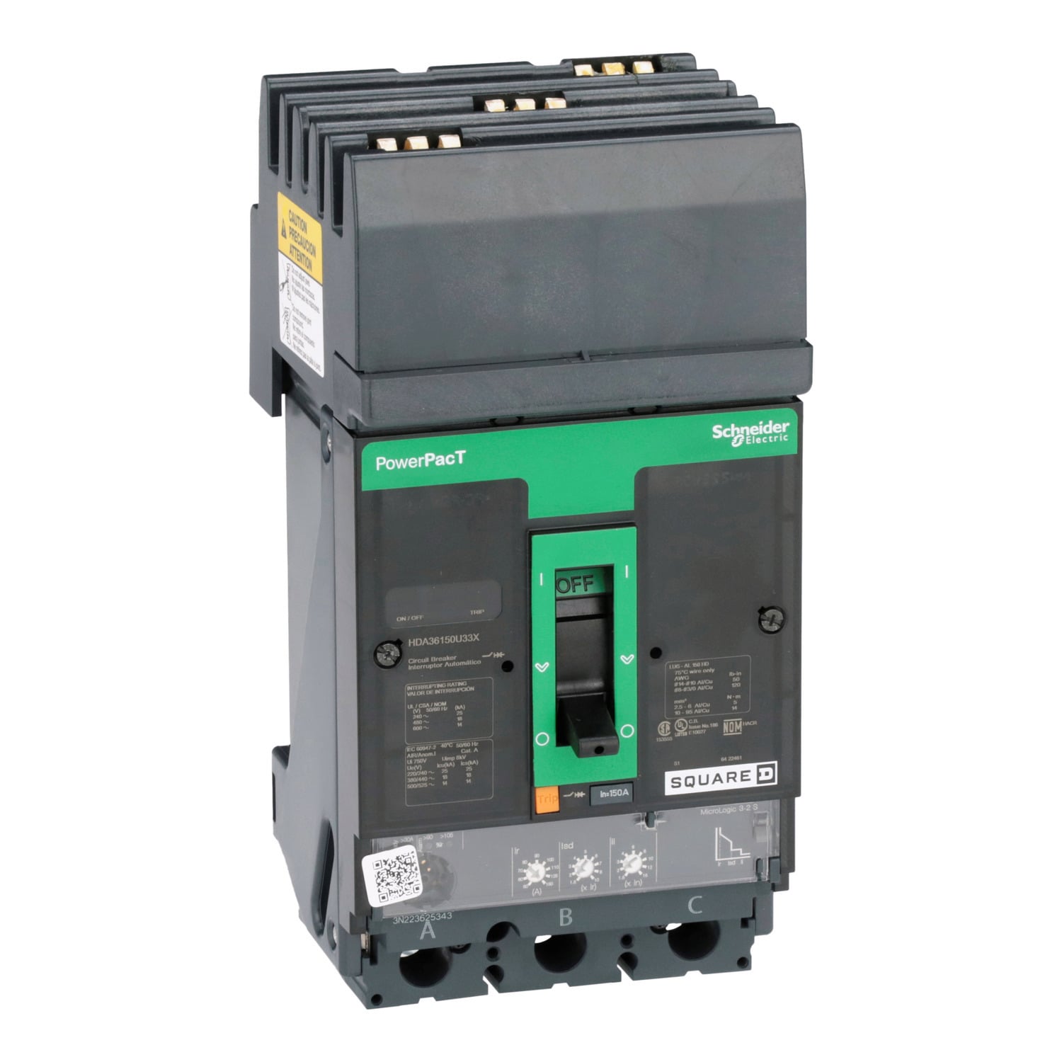 Circuit breaker, PowerPacT H, 150A, 3 pole, 600VAC, 14kA, I-Line, Micrologic 3.2S, 80%, ABC