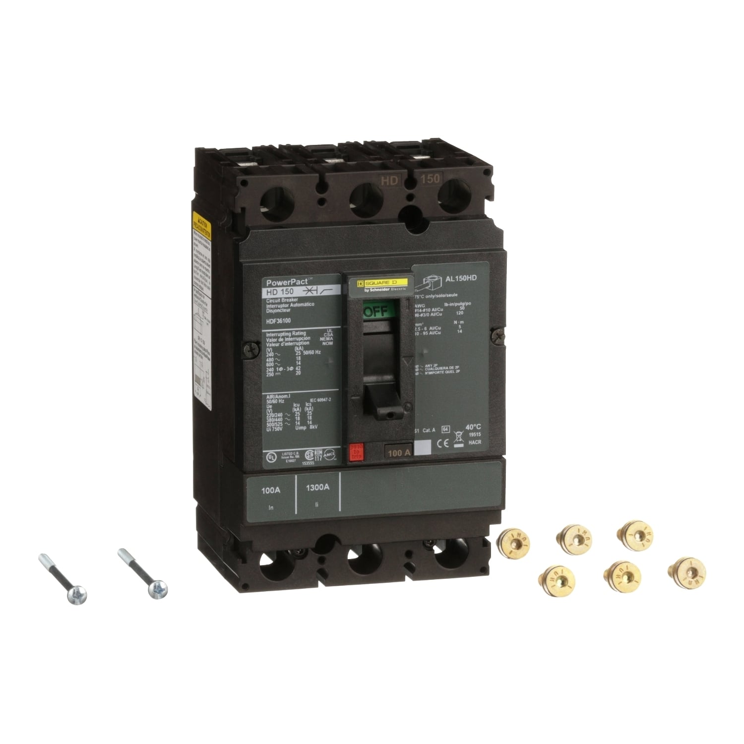Circuit breaker, PowerPacT H, 100A, 3 pole, 600VAC, 14kA, busbar, thermal magnetic, 80%