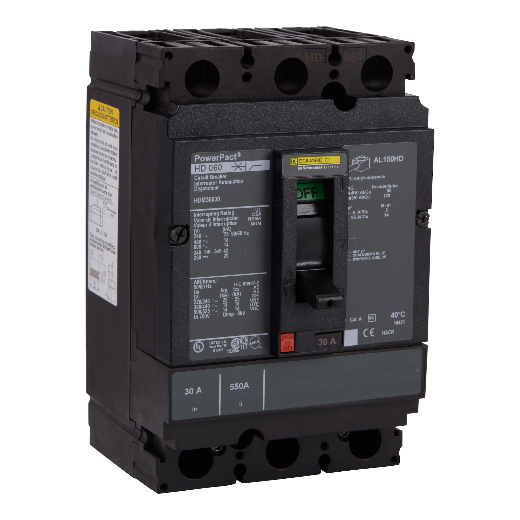 Circuit breaker, PowerPacT H, 80A, 3 pole, 600VAC, 14kA, lugs, thermal magnetic, 80%