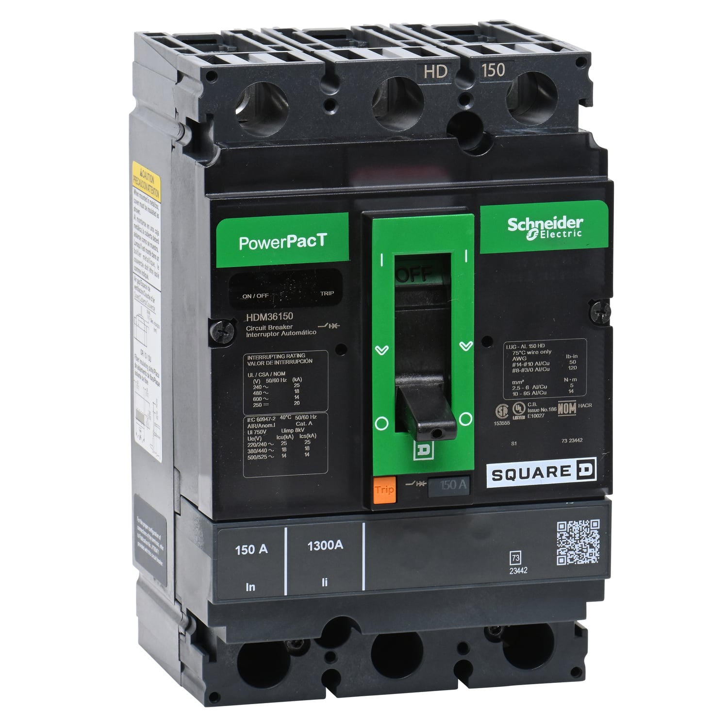 Circuit breaker, PowerPacT H, 150A, 3 pole, 600VAC, 14kA, lugs, thermal magnetic, 80%