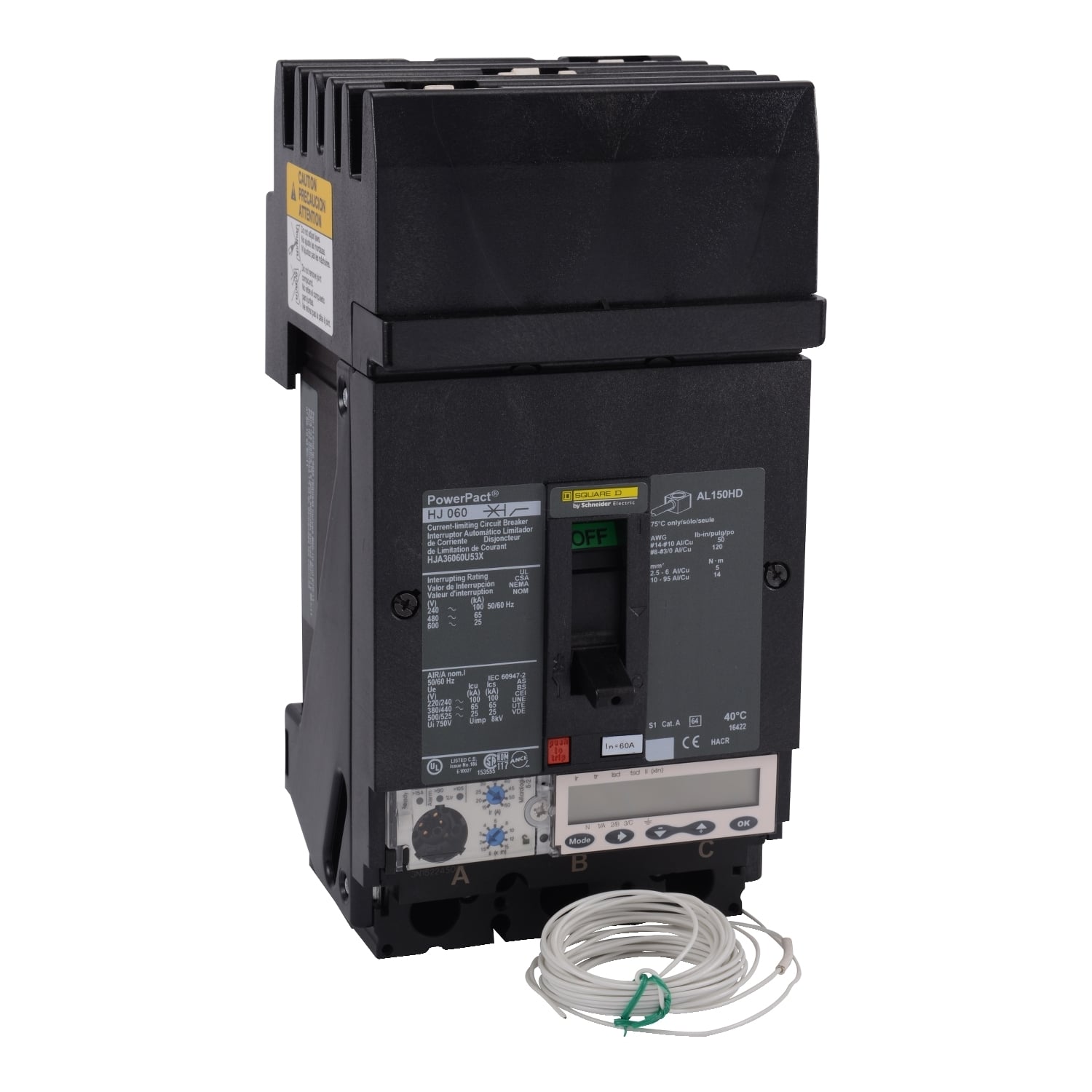Circuit breaker, PowerPacT H, 60A, 3 pole, 600VAC, 25kA, I-Line, Micrologic 5.2E, 80%, ABC