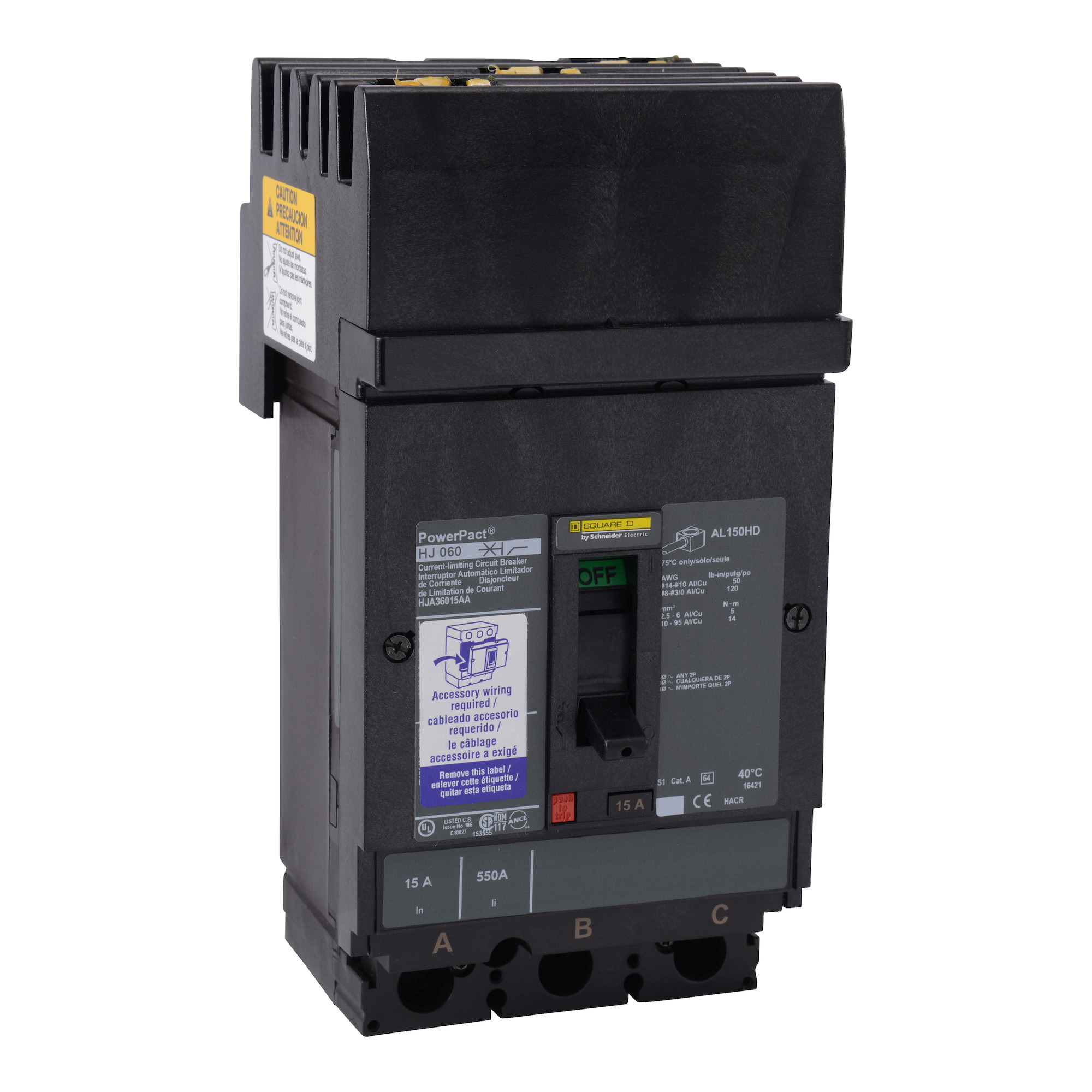 Circuit breaker, PowerPacT H, 150A, 3 pole, 600VAC, 25kA, I-Line, thermal magnetic, 80%, shunt, ABC