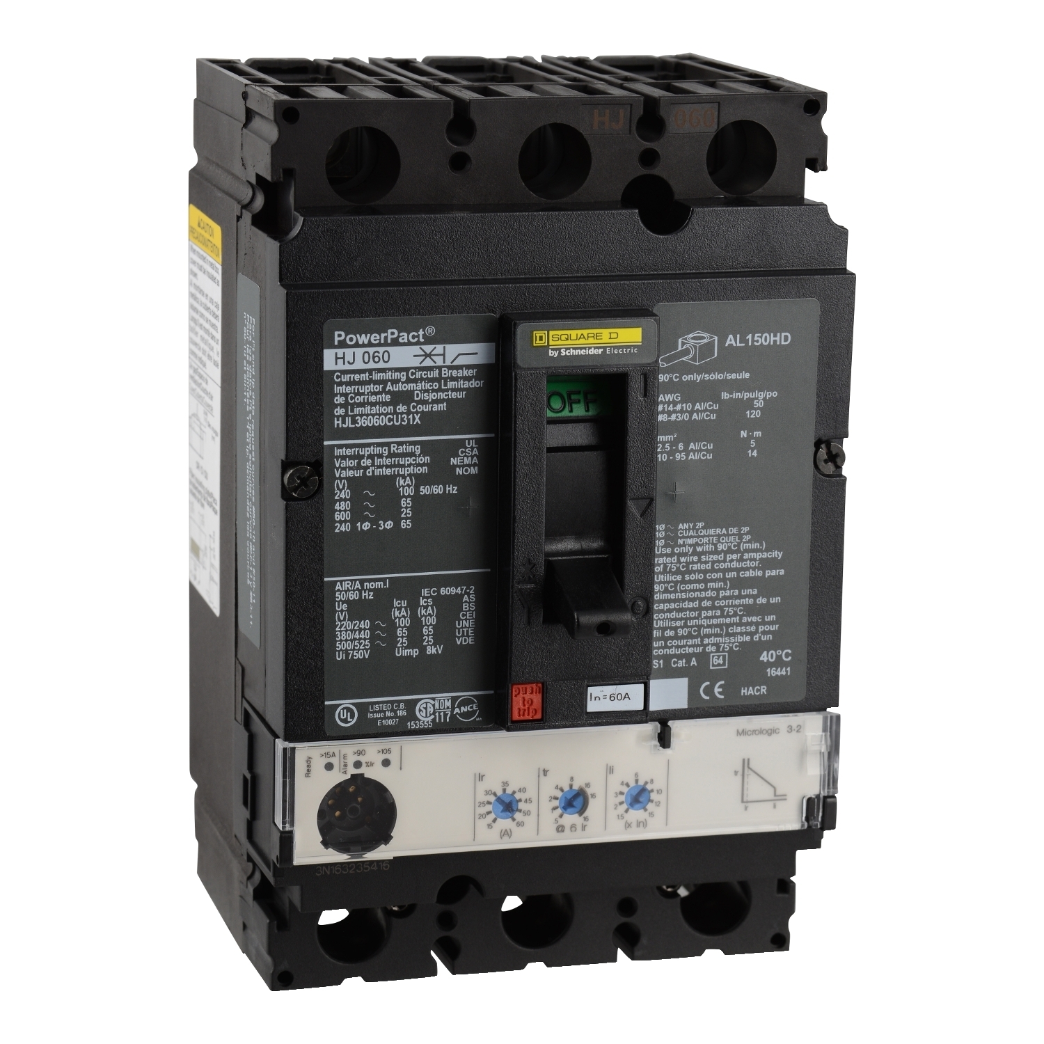 Circuit breaker, PowerPacT H, 60A, 3 pole, 600VAC, 25kA, lugs, Micrologic 3.2, 100%
