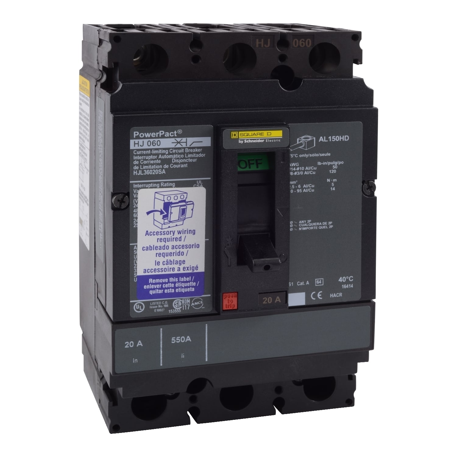 Circuit breaker, PowerPacT H, 100A, 3 pole, 600VAC, 25kA, lugs, thermal magnetic, 80%, aux switch