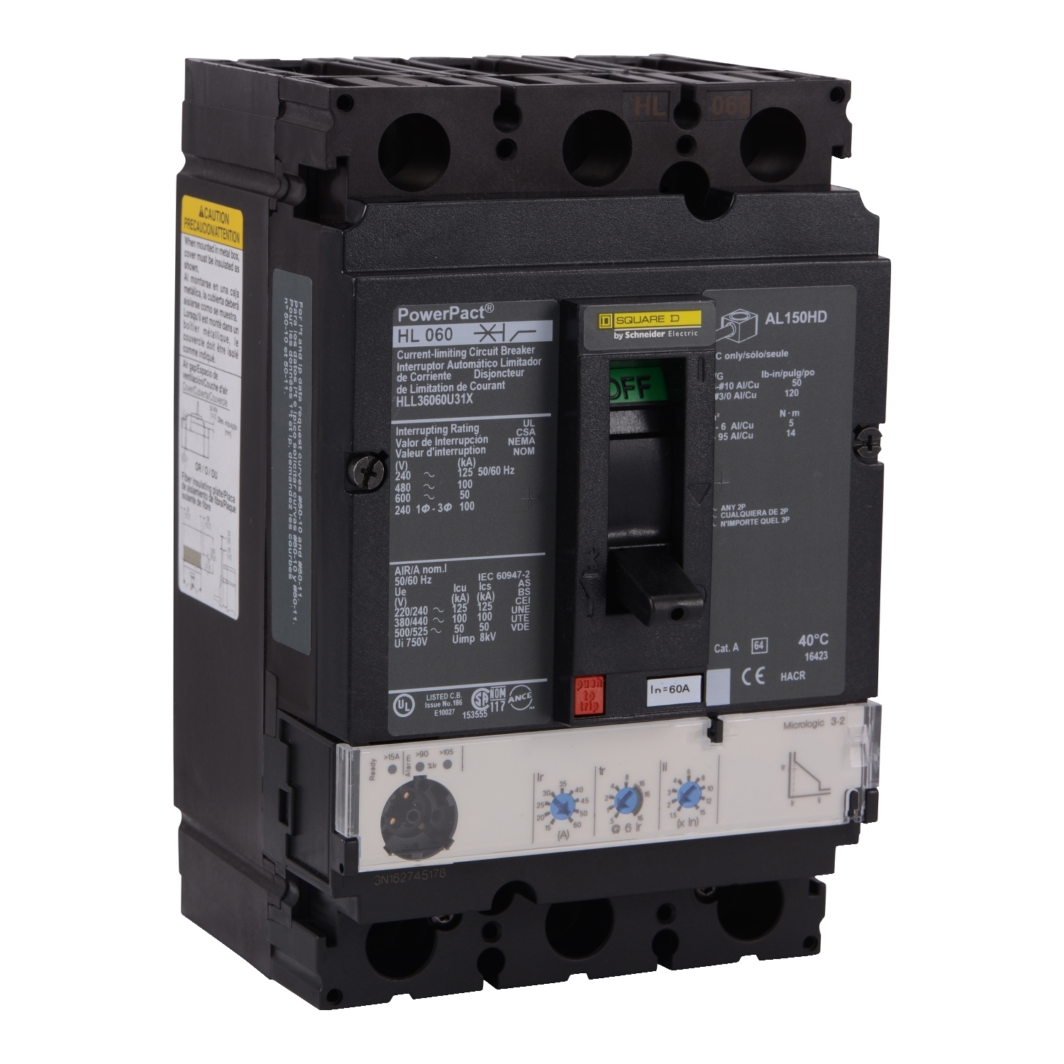 Circuit breaker, PowerPacT H, 100A, 3 pole, 600VAC, 50kA, lugs, Micrologic 3.2, 80%