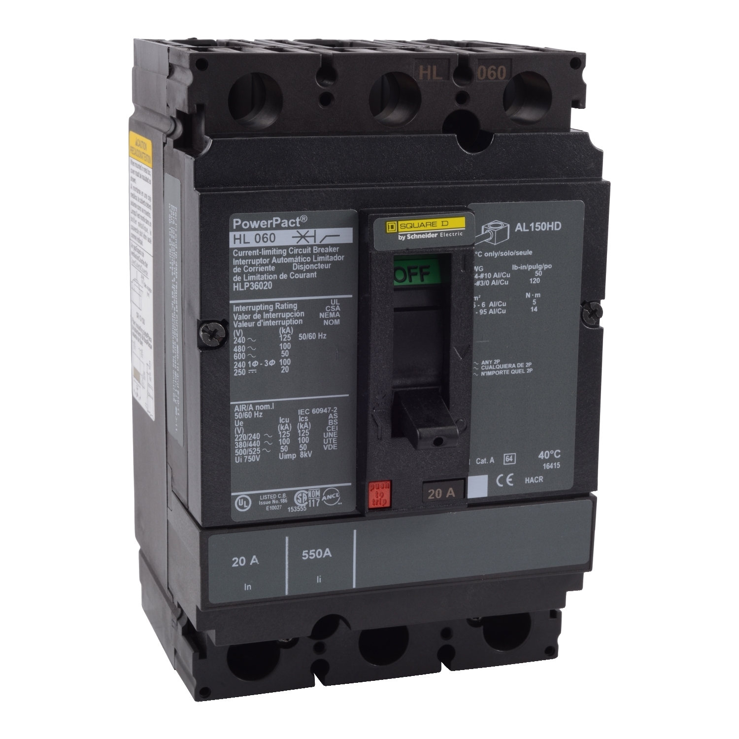 Circuit breaker, PowerPacT H, 60A, 3 pole, 600VAC, 50kA, lugs, thermal magnetic, 80%