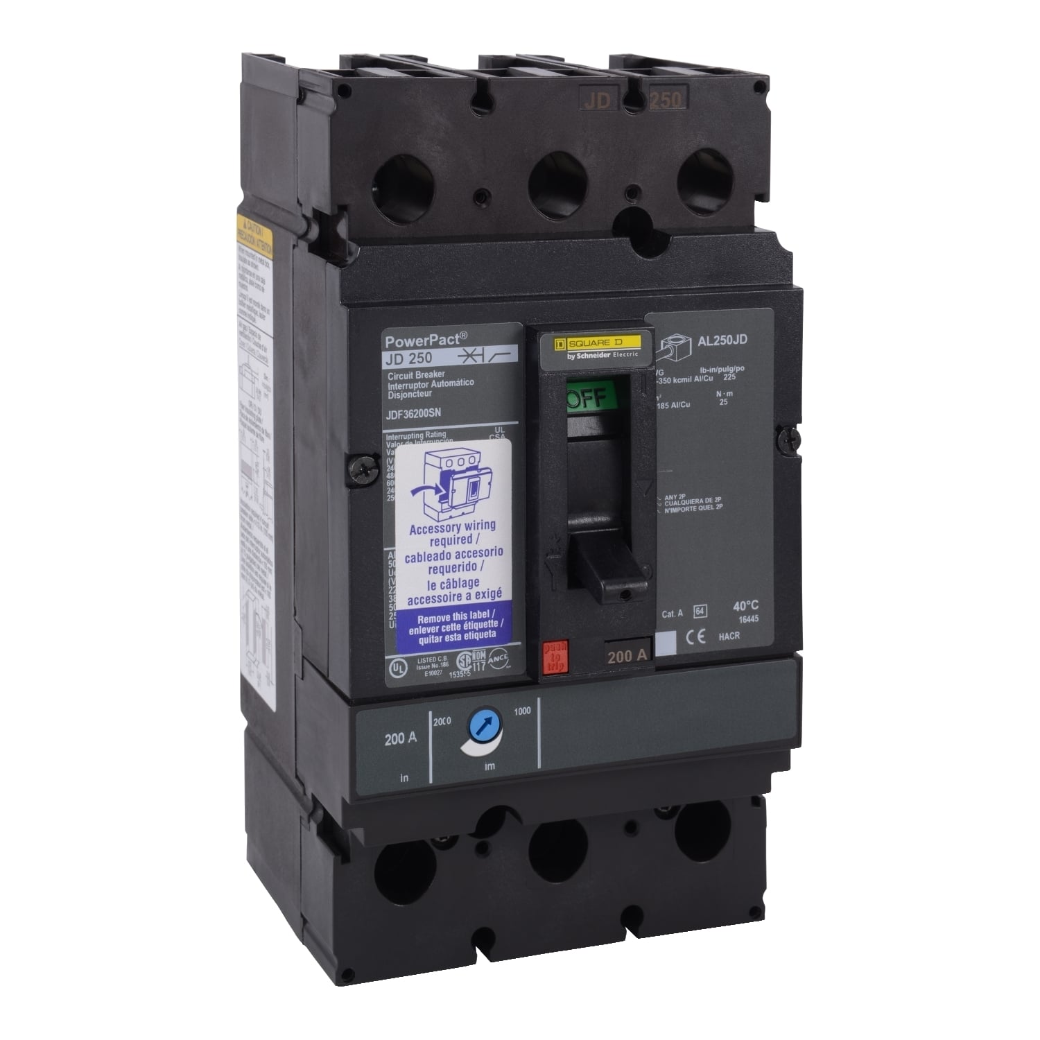 Circuit breaker, PowerPacT J, 200A, 3 pole, 600VAC, 14kA, busbar, thermal magnetic, 80%, shunt,