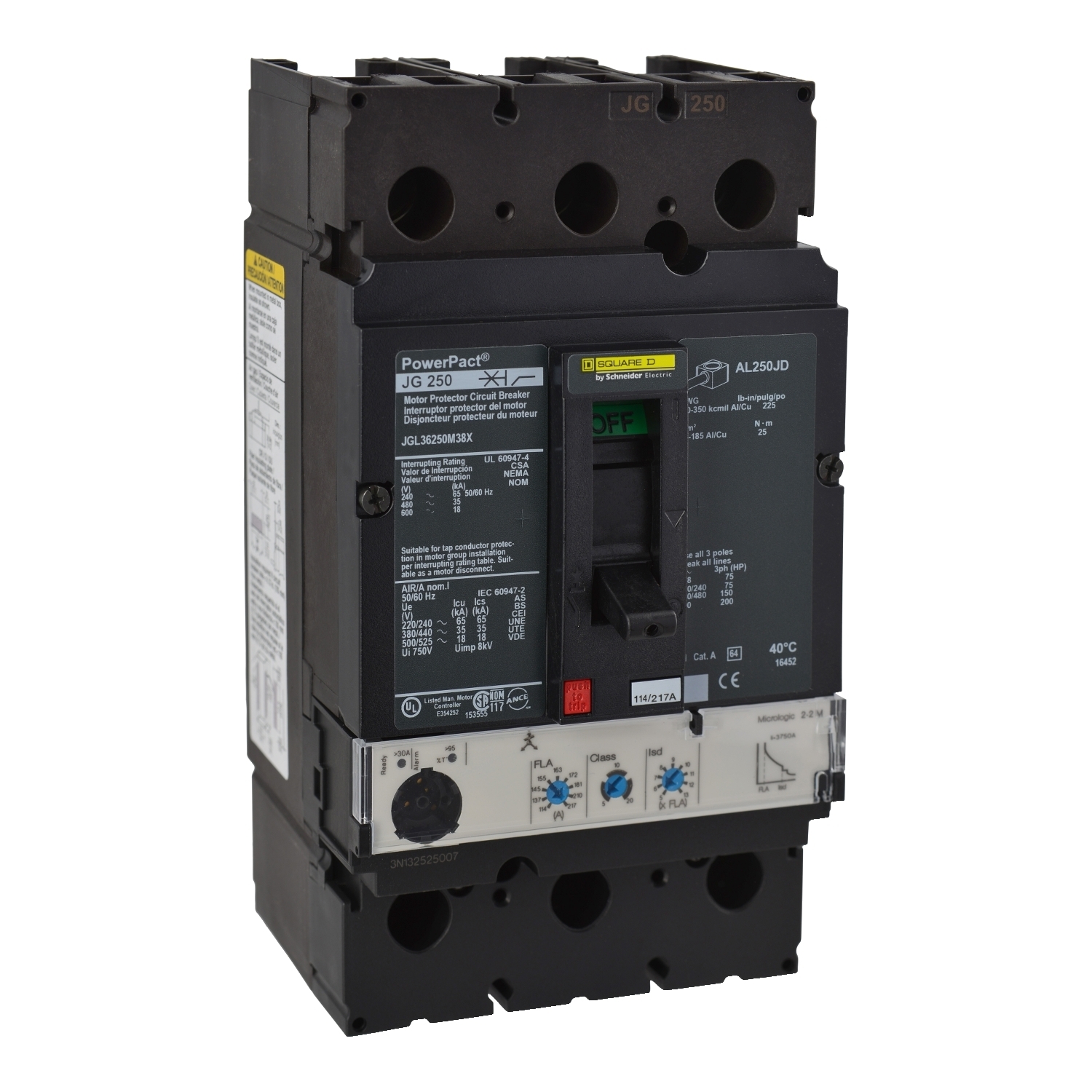 Motor circuit protector, PowerPacT J, 250A, 3 pole, 600VAC, 18kA, lugs, Micrologic 2.2, 80%