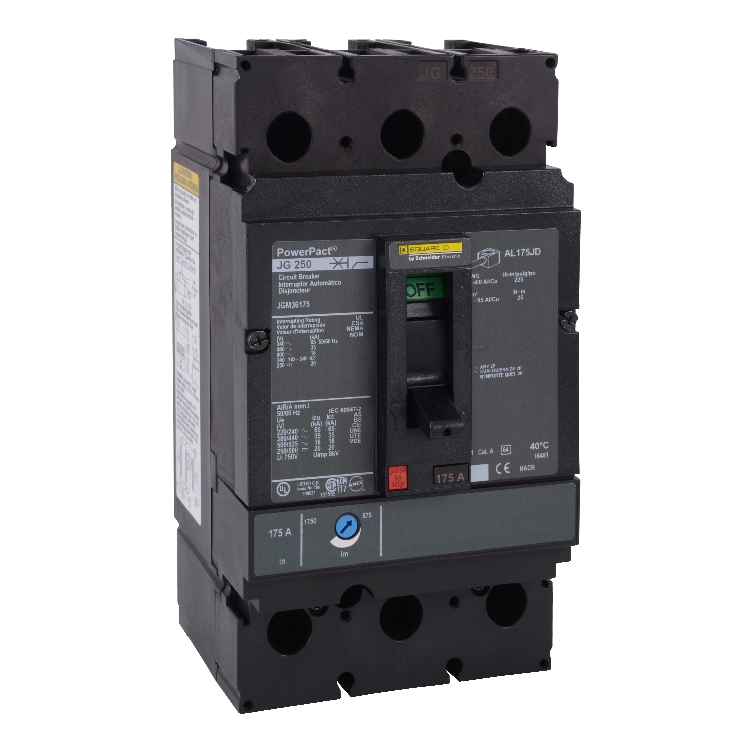Circuit breaker, PowerPacT J, 225A, 3 pole, 600VAC, 18kA, lugs, thermal magnetic, 80%