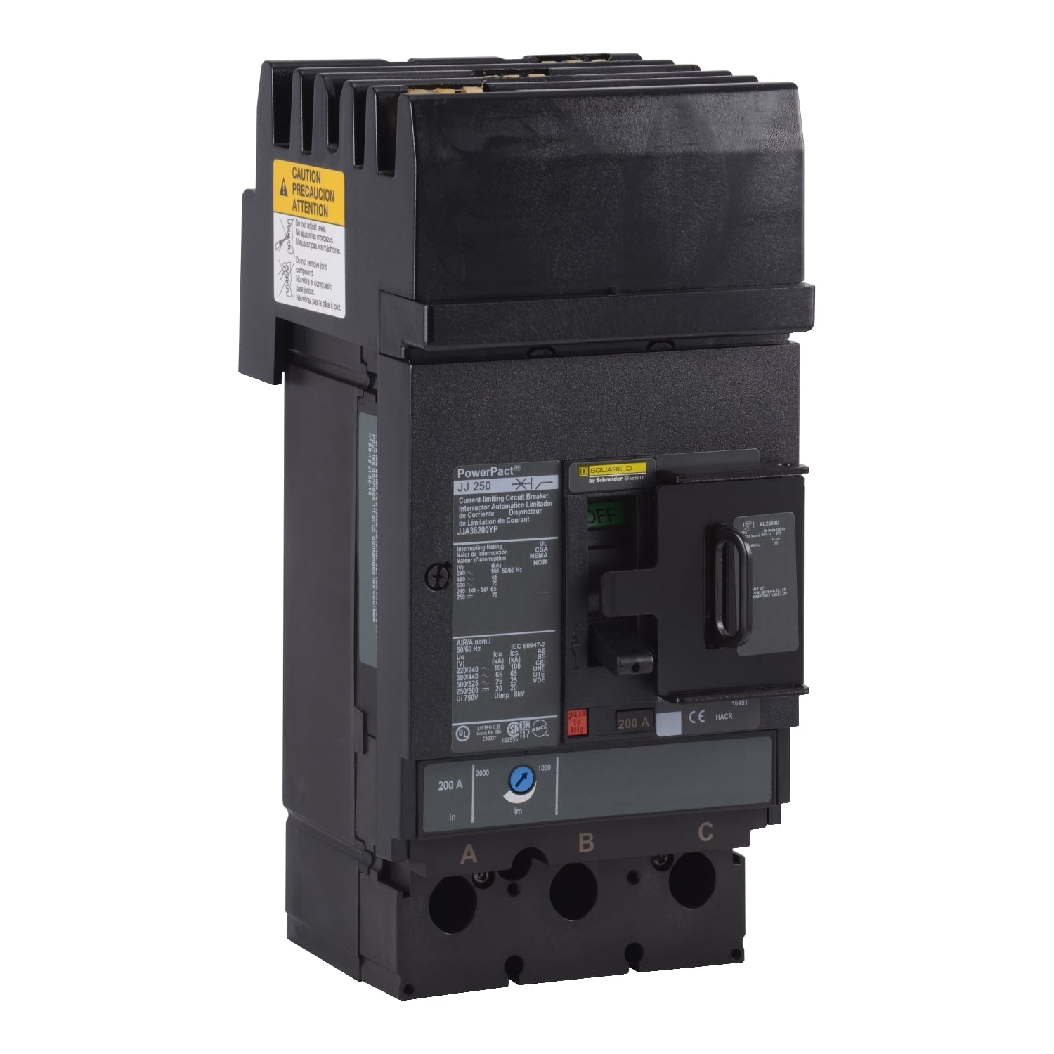 Circuit breaker, PowerPacT J, 200A, 3 pole, 600VAC, 25kA, I-Line, thermal magnetic, 80%, ABC, padlock