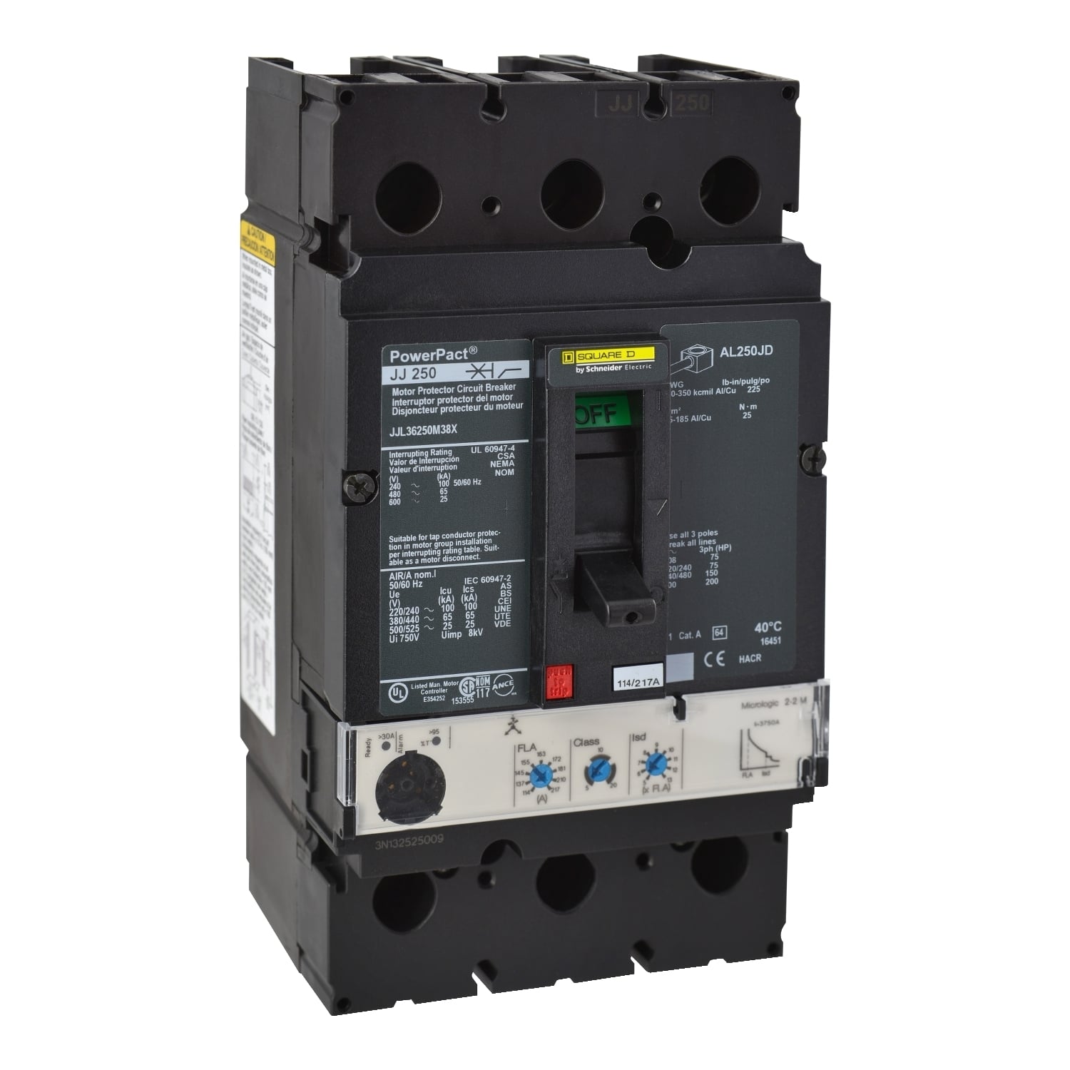 JJL36250M38X Motor Circuit Breaker, 250 Amp, 3 Pole, 600V