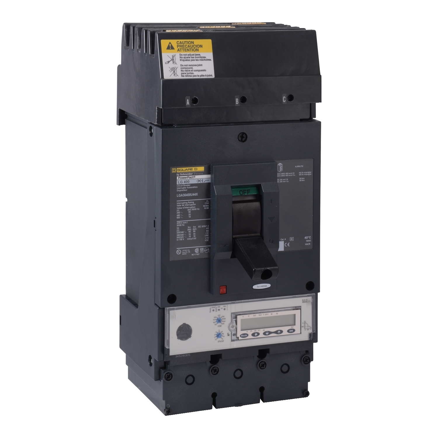 Circuit breaker, PowerPacT L, 400A, 3 pole, 600VAC, 18kA, I-Line, Micrologic 6.3A, 80%, ABC