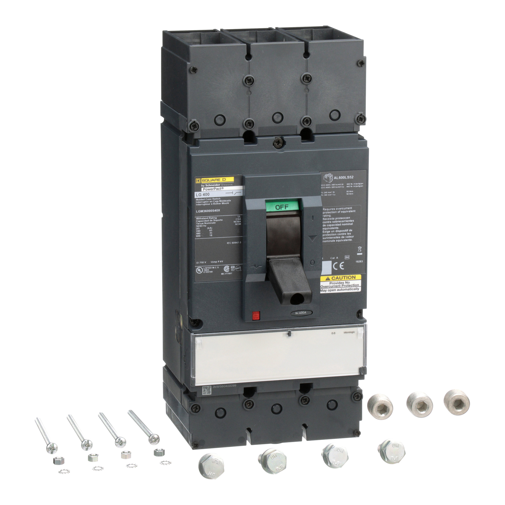 Automatic switch, PowerPacT L, 400A, 3 pole, 600VAC, 18kA, lugs, magnetic, 80%
