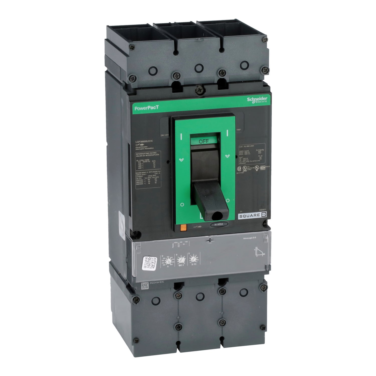 Circuit breaker, PowerPacT L, 600A, 3 pole, 600VAC, 18kA, lugs, MicroLogic 3.3, 80%